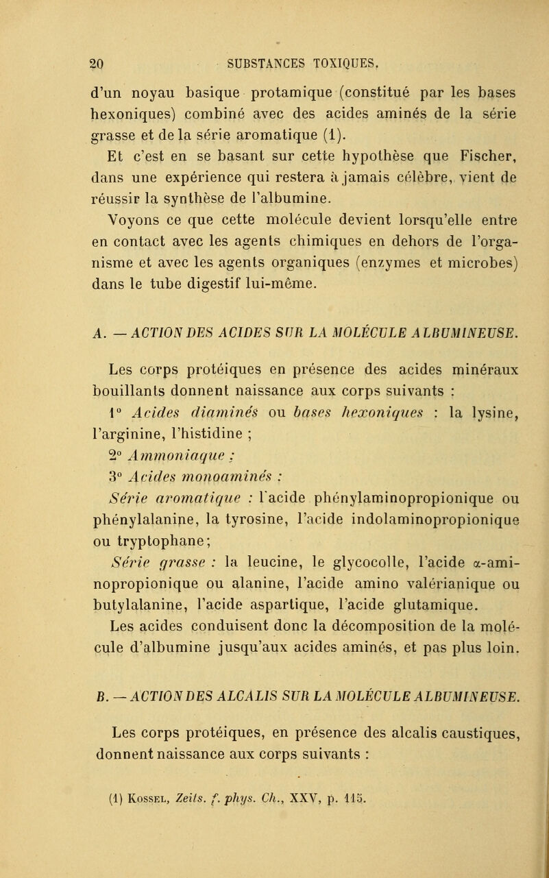 d'un noyau basique protamique (constitué par les bases hexoniques) combiné avec des acides aminés de la série grasse et de la série aromatique (1). Et c'est en se basant sur cette hypothèse que Fischer, dans une expérience qui restera à jamais célèbre, vient de réussir la synthèse de l'albumine. Voyons ce que cette molécule devient lorsqu'elle entre en contact avec les agents chimiques en dehors de l'orga- nisme et avec les agents organiques (enzymes et microbes) dans le tube digestif lui-même. A. — ACTION DES ACIDES SUR LA MOLÉCULE A LBUMINEUSE. Les corps protéiques en présence des acides minéraux bouillants donnent naissance aux corps suivants : 1° Acides diaminés ou bases hexoniques : la lysine, l'arginine, l'histidine ; 2° Ammoniaque: 3° Acides monoaminés : Série aromatique : l'acide phénylaminopropionique ou phénylalanine, la tyrosine, l'acide indolaminopropionique ou tryptophane; Série grasse : la leucine, le glycocolle, l'acide a-ami- nopropionique ou alanine, l'acide amino valérianique ou butylalanine, l'acide aspartique, l'acide glutamique. Les acides conduisent donc la décomposition de la molé- cule d'albumine jusqu'aux acides aminés, et pas plus loin. B. — ACTION DES ALCALIS SUR LA MOLÉCULE ALBUMINEUSE. Les corps protéiques, en présence des alcalis caustiques, donnent naissance aux corps suivants :