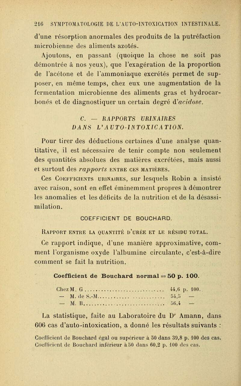 d'une résorption anormales des produits de la putréfaction microbienne des aliments azotés. Ajoutons, en passant (quoique la chose ne soit pas démontrée à nos yeux), que l'exagération de la proportion de l'acétone et de l'ammoniaque excrétés permet de sup- poser, en même temps, chez eux une augmentation de la fermentation microbienne des aliments gras et hydrocar- bonés et de diagnostiquer un certain degré d'acidose. C. — RAPPORTS URINAIRES DANS L'AUTO-INTOXICATION. Pour tirer des déductions certaines d'une analyse quan- titative, il est nécessaire de tenir compte non seulement des quantités absolues des matières excrétées, mais aussi et surtout des rapports entre ces matières. Ces Coefficients urinaires, sur lesquels Robin a insisté avec raison, sont en effet éminemment propres à démontrer les anomalies et les déficits de la nutrition et de la désassi- milation. COEFFICIENT DE BOUCHARD. Rapport entre la quantité d'urée et le résidu total. Ce rapport indique, d'une manière approximative, com- ment l'organisme oxyde l'albumine circulante, c'est-à-dire comment se fait la nutrition. Coefficient de Bouchard normal = 50 p. 100. Chez M. G 44,6 p. 100. — M. de S.-M 54,5 — — M. B 56,4 — La statistique, faite au Laboratoire du Dr Amann, dans 606 cas d'auto-intoxication, a donné les résultats suivants : Coefficient de Bouchard égal ou supérieur à 50 dans 39,8 p. 100 des cas. Coefficient de Bouchard inférieur à 50 dans 60,2 p. 100 des cas.