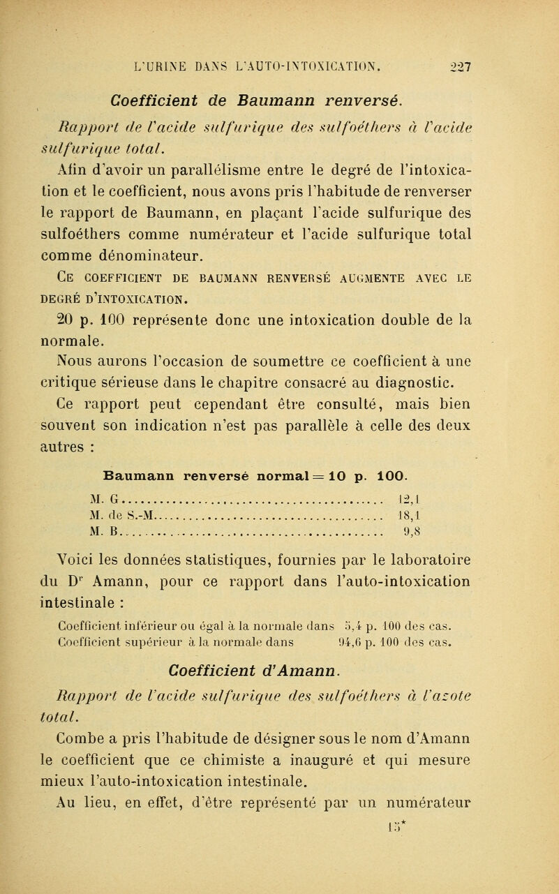 Coefficient de Baumann renversé. Rapport de l'acide sulfurique des sulfoéthers à l'acide sulfurique total. Afin d'avoir un parallélisme entre le degré de l'intoxica- tion et le coefficient, nous avons pris l'habitude de renverser le rapport de Baumann, en plaçant l'acide suifurique des sulfoéthers comme numérateur et l'acide sulfurique total comme dénominateur. Ce coefficient de baumann renversé augmente avec le degré d'intoxication. 20 p. 100 représente donc une intoxication double de la normale. Nous aurons l'occasion de soumettre ce coefficient à une critique sérieuse dans le chapitre consacré au diagnostic. Ce rapport peut cependant être consulté, mais bien souvent son indication n'est pas parallèle à celle des deux autres : Baumann renversé normal =10 p. 100. M. G L2,1 M. de S.-M 18,1 M. B 9,8 Voici les données statistiques, fournies par le laboratoire du Dr Amann, pour ce rapport dans l'auto-intoxication intestinale : Coefficient inférieur ou égal à la normale dans 5,4 p. 100 des cas. Coefficient supérieur à la normale dans 94,6 p. 100 des cas. Coefficient d1 Amann. Rapport de l'acide sulfurique des sulfoéthers à l'azote total. Combe a pris l'habitude de désigner sous le nom d'Amann le coefficient que ce chimiste a inauguré et qui mesure mieux l'auto-intoxication intestinale. Au lieu, en effet, d'être représenté par un numérateur