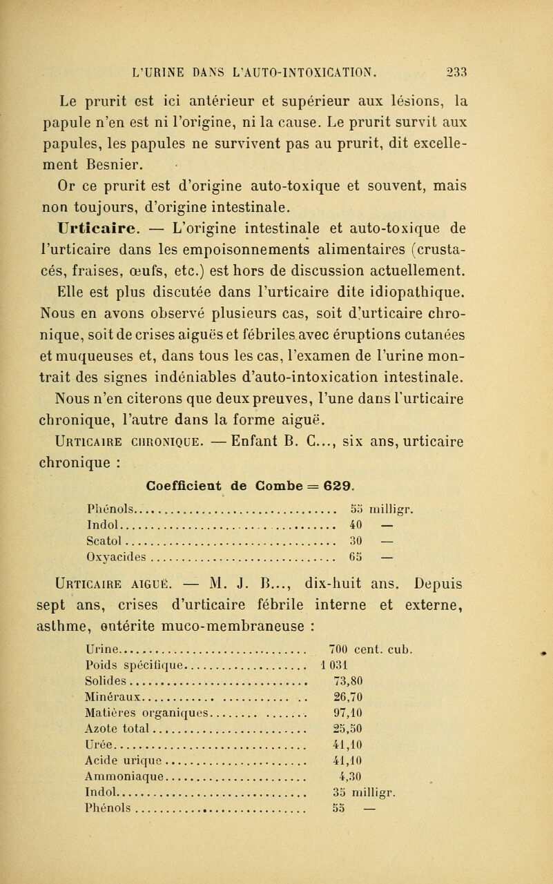 Le prurit est ici antérieur et supérieur aux lésions, la papule n'en est ni l'origine, ni la cause. Le prurit survit aux papules, les papules ne survivent pas au prurit, dit excelle- ment Besnier. Or ce prurit est d'origine auto-toxique et souvent, mais non toujours, d'origine intestinale. Urticaire. — L'origine intestinale et auto-toxique de l'urticaire dans les empoisonnements alimentaires (crusta- cés, fraises, œufs, etc.) est hors de discussion actuellement. Elle est plus discutée dans l'urticaire dite idiopathique. Nous en avons observé plusieurs cas, soit dïurticaire chro- nique, soit de crises aiguës et fébriles avec éruptions cutanées et muqueuses et, dans tous les cas, l'examen de l'urine mon- trait des signes indéniables d'auto-intoxication intestinale. Nous n'en citerons que deux preuves, l'une dans l'urticaire chronique, l'autre dans la forme aiguë. Urticaire chronique. —Enfant B. C..., six ans, urticaire chronique : Coefficient de Combe = 629. Phénols. 55 milligr. Indol 40 — Scatol 30 — Oxyacides 65 — Urticaire aiguë. — M. J. B..., dix-huit ans. Depuis sept ans, crises d'urticaire fébrile interne et externe, asthme, entérite muco-membraneuse : Urine 700 cent. cub. Poids spécifique 1 031 Solides 73,80 Minéraux 26,70 Matières organiques 97,10 Azote total 25,50 Urée 41,10 Acide urique 41,10 Ammoniaque 4,30 Indol 35 milligr. Phénols 55 —