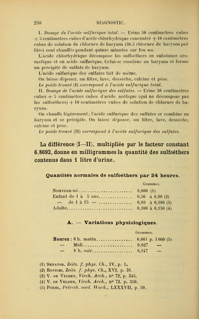 I. Dosage de l'acide sulfurique lotcd. — Urine 50 centimètres cubes + 5 centimètres cubes d'acide chlorhydrique concentré -f-10 centimètres cubes de solution de chlorure de baryum (30,5 chlorure de baryum par litre) sont chauffés pendant quinze minutes sur feu nu. L'acide chlorhydrique décompose les sulfoéthers en substance aro- matique et en acide sulfurique. Celui-se combine au baryum et forme un précipité de sulfate de baryum. L'acide sulfurique des sulfates fait de même. On laisse déposer, on filtre, lave, dessèche, calcine et pèse. Le poids trouvé (I) correspond à l'acide sulfurique total. II. Dosage de l'acide sulfurique des sulfates. — Urine 50 centimètres cubes -+- 5 centimètres cubes d'acide acétique (qui ne décompose pas les sulfoéthers) -f 10 centimètres cubes de solution de chlorure de ba- ryum. On chauffe légèrement; l'acide sulfurique des sulfates se combine au baryum et se précipite. On laisse déposer, on filtre, lave, dessèche, calcine et pèse. Le poids trouvé (II) correspond à l'acide sulfurique des sulfates. La différence (I—II), multipliée par le facteur constant 6,8692, donne en milligrammes la quantité des sulfoéthers contenus dans 1 litre d'urine. Quantités normales de sulfoéthers par 24 heures. Grammes. Nouveau-né 0,000 (1) Enfant de 1 à 5 ans 0,50 à 0,80 (2) — de 1 à 15 — 0,80 à 0,100 (3) Adulte 0,100 à 0,150 (4) A. — Variations physiologiques. Grammes. Heures : 8 h. matin 0,061 p. 1000 (5) — Midi 0,027 — — 8 h. soir 0,147 — (1) Senator, Zeits. f. phys. Ch., IV, p. 1. (2) Rovighi, Zeits. f. phys. Ch., XVI, p. 31. (3) V. de Velden, Virch. Arch., n° 72, p. 345. (4) V. de Velden, Virch. Arch., n° 72, p. 350. (5) Poehl, Petersb. med. Woch., LXXXVII, p. 50.