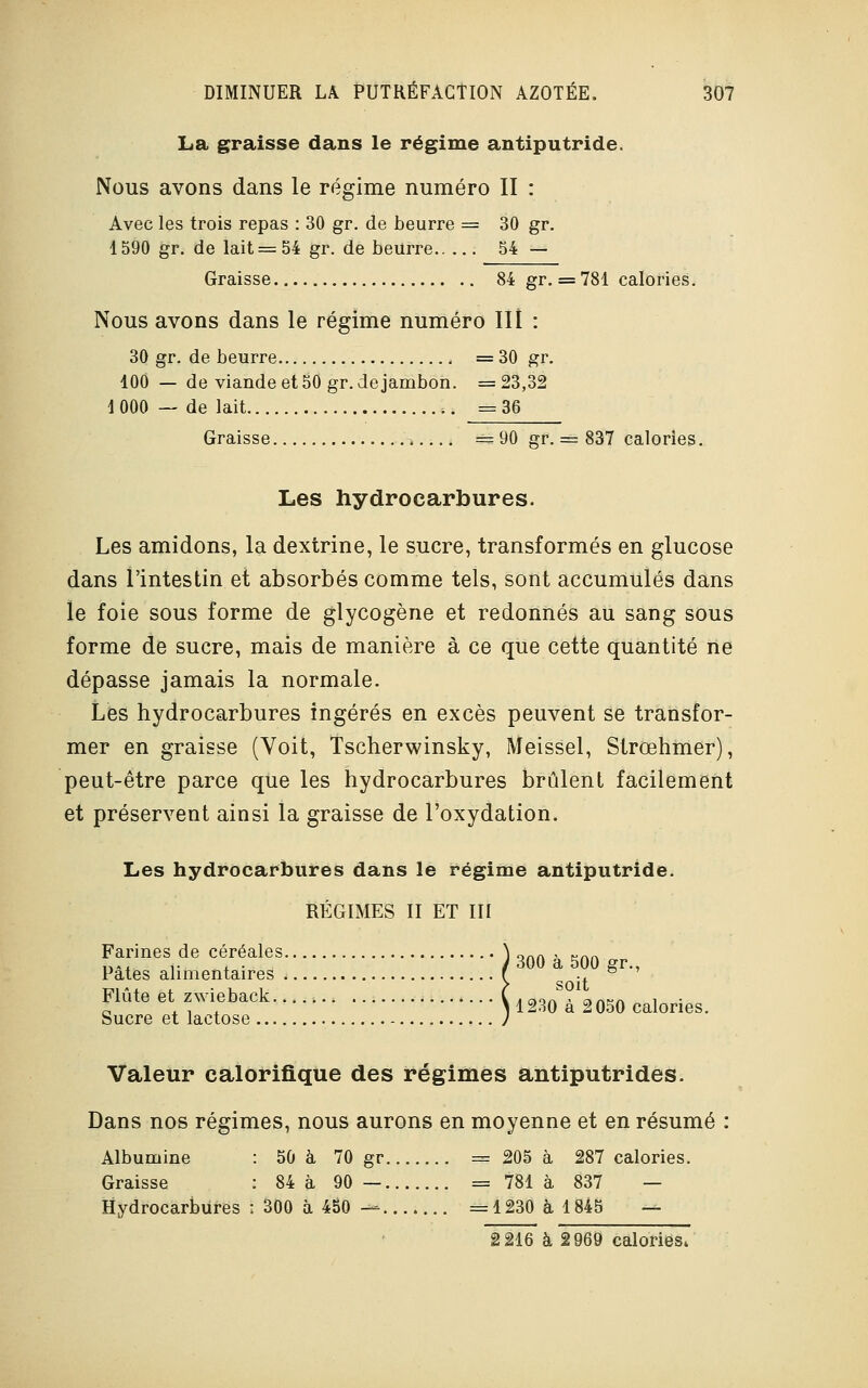 La graisse dans le régime antiputride. Nous avons dans le régime numéro II : Avec les trois repas : 30 gr. de beurre = 30 gr. 1590 gr. de lait = 54 gr. de beurre 54 — Graisse 84 gr. = 781 calories. Nous avons dans le régime numéro III : 30 gr. de beurre = 30 gr. 100 — de viande et 50 gr. de jambon. = 23,32 1 000 — de lait =36 Graisse =90 gr. = 837 calories. Les hydrocarbures. Les amidons, la dextrine, le sucre, transformés en glucose dans l'intestin et absorbés comme tels, sont accumulés dans le foie sous forme de glycogène et redonnés au sang sous forme de sucre, mais de manière à ce que cette quantité ne dépasse jamais la normale. Les hydrocarbures ingérés en excès peuvent se transfor- mer en graisse (Voit, Tscherwinsky, Meissel, Strœhmer), peut-être parce que les hydrocarbures brûlent facilement et préservent ainsi la graisse de l'oxydation. Les hydrocarbures dans le régime antiputride. RÉGIMES II ET III Farines de céréales \ „„A , „„ Pâtes alimentaires f ., - ' Flûte et zwieback ( Â ao„ , a AKA , . Sucre et lactose ) 1230 a 2050 calories. Valeur calorifique des régimes antiputrides. Dans nos régimes, nous aurons en moyenne et en résumé : Albumine Graisse Hydrocarbures 50 à 70 gr = 205 à 287 calories. 84 à 90 — = 781 à 837 — 300 à 450 — =1230 à 1845 — 2 216 à 2969 calories.