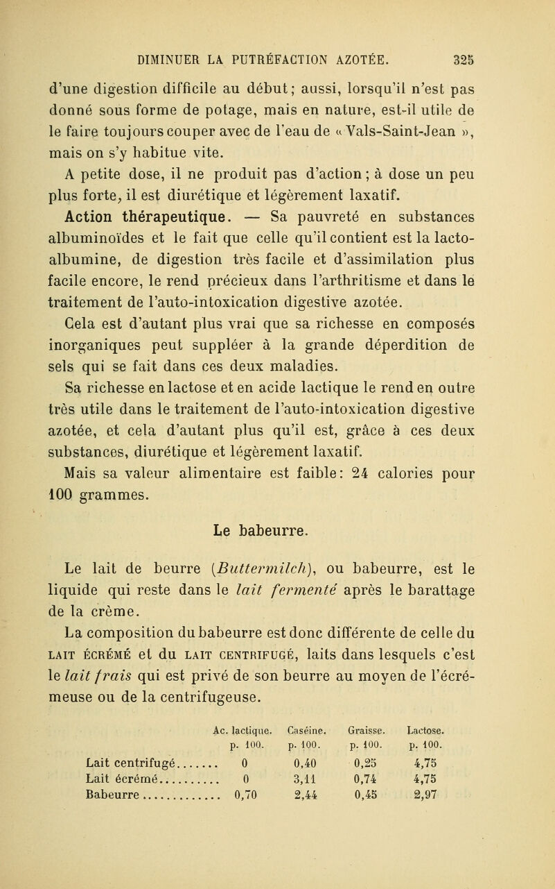 d'une digestion difficile au début; aussi, lorsqu'il n'est pas donné sous forme de potage, mais en nature, est-il utile de le faire toujours couper avec de l'eau de « Vais-Saint-Jean », mais on s'y habitue vite. A petite dose, il ne produit pas d'action ; à dose un peu plus forte, il est diurétique et légèrement laxatif. Action thérapeutique. — Sa pauvreté en substances albuminoïdes et le fait que celle qu'il contient est la lacto- albumine, de digestion très facile et d'assimilation plus facile encore, le rend précieux dans l'arthritisme et dans le traitement de l'auto-intoxication digestive azotée. Gela est d'autant plus vrai que sa richesse en composés inorganiques peut suppléer à la grande déperdition de sels qui se fait dans ces deux maladies. Sa richesse en lactose et en acide lactique le rend en outre très utile dans le traitement de l'auto-intoxication digestive azotée, et cela d'autant plus qu'il est, grâce à ces deux substances, diurétique et légèrement laxatif. Mais sa valeur alimentaire est faible: 24 calories pour 100 grammes. Le babeurre. Le lait de beurre [Buttermilch), ou babeurre, est le liquide qui reste dans le lait fermenté après le barattage de la crème. La composition du babeurre est donc différente de celle du lait écrémé et du lait centrifugé, laits dans lesquels c'est le lait frais qui est privé de son beurre au moyen de l'écré- meuse ou de la centrifugeuse. Ac. lactique. Caséine. Graisse. Lactose, p. 100. p. 100. p. 100. p. 100. Lait centrifugé 0 0,40 0,25 4,75 Lait écrémé 0 3,11 0,74 4,75 Babeurre 0,70 2,44 0,45 2,97