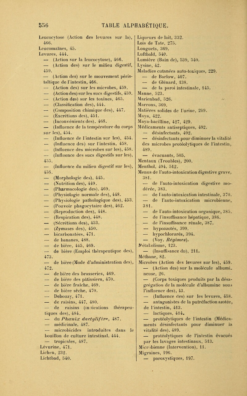 Leucocylose (Action des levures sur la), 466. ' Leucomaïnes, 45. Levures, 444. — (Action sur la leucocytose), 466. — (Action des) sur le milieu digestif, 459. — (Action des) sur le mouvement péris- taltique de l'intestin, 466. — (Action des) sur les microbes, 459. — (Action des) sur les sucs digestifs, 459. — (Action des) sur les toxines, 465. — (Classification des), 444. — (Composition chimique des), 447. — (Excrétions des), 451. — (Inconvénients des). 468. — (Influence de la température du corps sur les), 454. — (Influence de l'intestin sur les), 454. — (Influence des) sur l'intestin, 458. — (Influence des microbes sur les), 458. — (Influence des sucs digestifs sur les), 455. — (Influence du milieu digestif sur les), 456. — (Morphologie des), 445. — (Nutrition des), 449. — (Pharmacologie des), 469. — (Physiologie normale des), 448. — (Physiologie pathologique des), 453. — (Pouvoir phagocytaire des), 462. — (Reproduction des), 448. — (Respiration des), 448. — (Sécrétions des), 453. — (Zymases des), 450. — bicarbonatées, 471. — de bananes, 488. — de bière, 445, 469. — de bière (Emploi thérapeutique des), 473. — de bière (Mode d'administration des), 472. — de bière des brasseries, 469. — de bière des pâtissiers, 470. — de bière fraîche, 469. — de bière sèche, 470. — Debouzy, 471. — de raisins, 447, 480. — de raisins (indications thérapeu- tiques des), 484. — du Phœnix dnctijlifère, 487. — médicinale, 487. — microbicides introduites dans le bouillon de culture intestinal, 444. — tropicales, 487. Lévurine, 471. Lichen, 232. Lichtbad, 540. Liqueurs de lait, 332. Lois de Tate, 275. Longuets, 369. Luftbald, 540. Lumière (Bain de), 539, 540. Lysine, 42. Maladies cutanées auto-toxiques, 229. — de Barlow, 407. — de Glénard, 138. — de la paroi intestinale, 145. Manne, 523. Marienbad, 526. Marrons, 369. Matières solides de l'urine, 209. Maya, 422. Maya-bacilline, 427, 429. Médicaments antiseptiques, 492. — désinfectants, 492. — désinfectants pour diminuer la vitalité des microbes protéolytiques de l'intestin, 489. — évacuants, 505. Mentaux (Troubles), 200. Menthol, 494, 512. Menus de l'auto-intoxicationdigestive grave, 381. — de l'auto-intoxication digestive mo- dérée, 383. — de l'auto-intoxication intestinale, 370. — de l'auto-intoxication microbienne, 381. — de l'auto-intoxication organique, 385. — de l'insuffisance hépatique, 386. — de l'insuffisance rénale, 387. — hypoazotés, 399. — hypochlorurés, 394. — (Voy. Régimes). JVétabolisme, 123. — (Insuffisance du), 211. Méthane, 82. Microbes (Action des levures sur les), 459. — (Action des) sur la molécule albumi. neuse, 26. — (Corps toxiques produits par la désa- grégation delà molécule d'albumine sous l'influence des), 43. — (Influence des) sur les levures, 458. — antagonistes de la putréfaction azotée, de l'intestin, 413. — lactiques, 414. — protéolytiques de l'intestin (Médica- ments désinfectants pour diminuer ïa vitalité des). 489. — protéolytiques de l'intestin évacués par les lavages intestinaux, 513. Microbienne (Intervention), 11. Migraines, 196. — paroxystiques, 197.