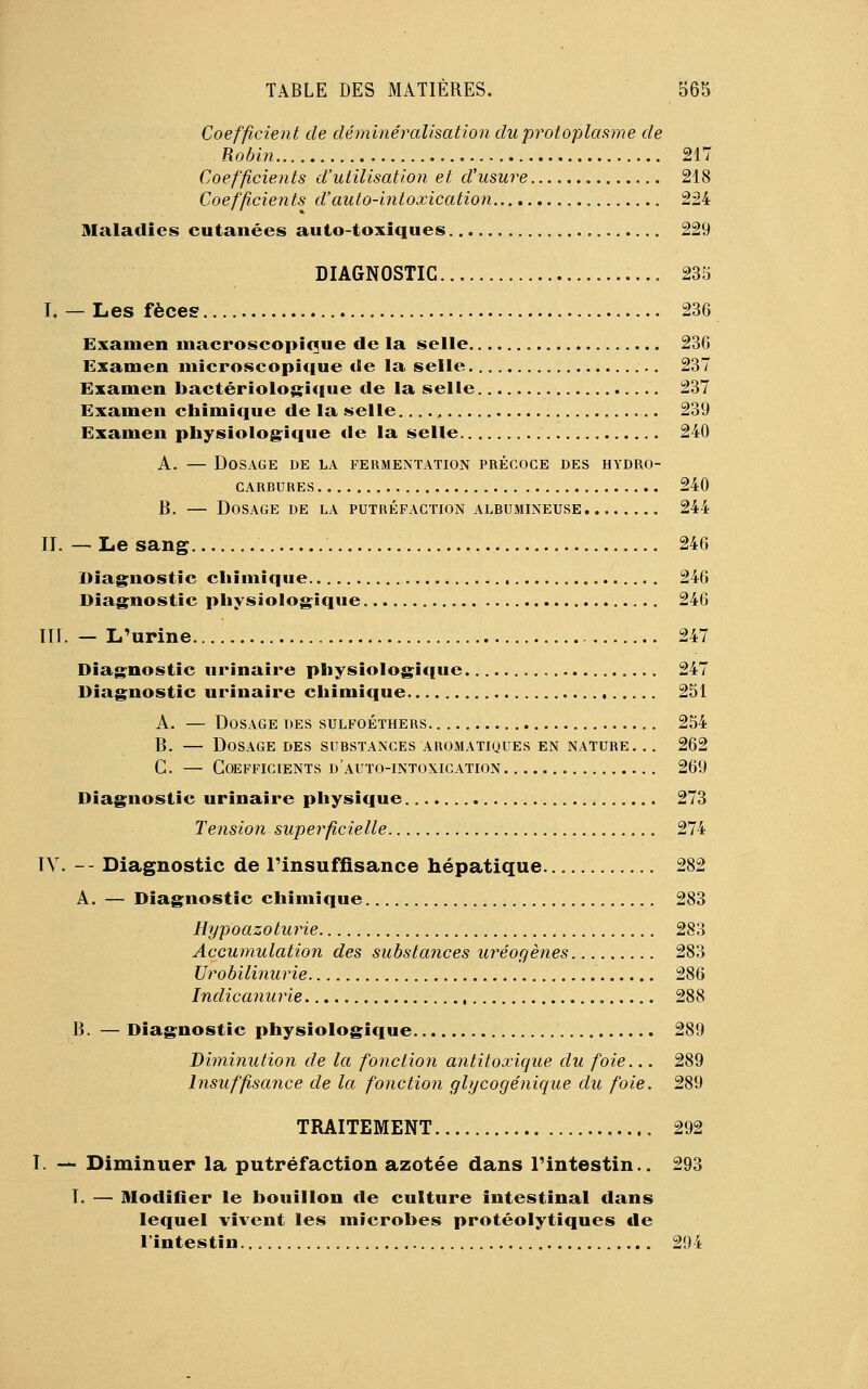 Coefficient de déminéralisation du protoplasme de Robin 217 Coefficients d'utilisation et d'usure 218 Coefficients d'auto-intoxication 224 Maladies cutanées auto-toxiques 229 DIAGNOSTIC 235 I. — Les fèces 236 Examen macroscopique de la selle 236 Examen microscopique de la selle 237 Examen bactériologique de la selle 237 Examen chimique de la selle. 239 Examen physiologique de la selle 240 A. — Dosage de la fermentation précoce des hydro- carrures 240 B. — Dosage de la putréfaction alrumineuse 244 II. —Le sang 246 Diagnostic chimique 246 Diagnostic physiologique 246 III. - L'urine 247 Diagnostic urinaire physiologique 247 Diagnostic urinaire chimique 251 A. — Dosage des sulfoéthers 254 B. — Dosage des surstances aromatiques en nature. .. 262 C. — Coefficients d auto-intoxication 269 Diagnostic urinaire physique 273 Tension superficielle 274 IV. -- Diagnostic de l'insuffisance hépatique 282 A. — Diagnostic chimique 283 Hypoazoturie 283 Accumulation des substances uréoqènes 283 Urobilinurie 286 Indicanurie 288 B. — Diagnostic physiologique 289 Diminution de la fonction antitoxique du foie... 289 Insuffisance de la fonction glycogénique du foie. 289 TRAITEMENT 292 I. — Diminuer la putréfaction azotée dans l'intestin.. 293 I. — Modifier le bouillon de culture intestinal dans lequel vivent les microbes protéolytiques «le l'intestin 294