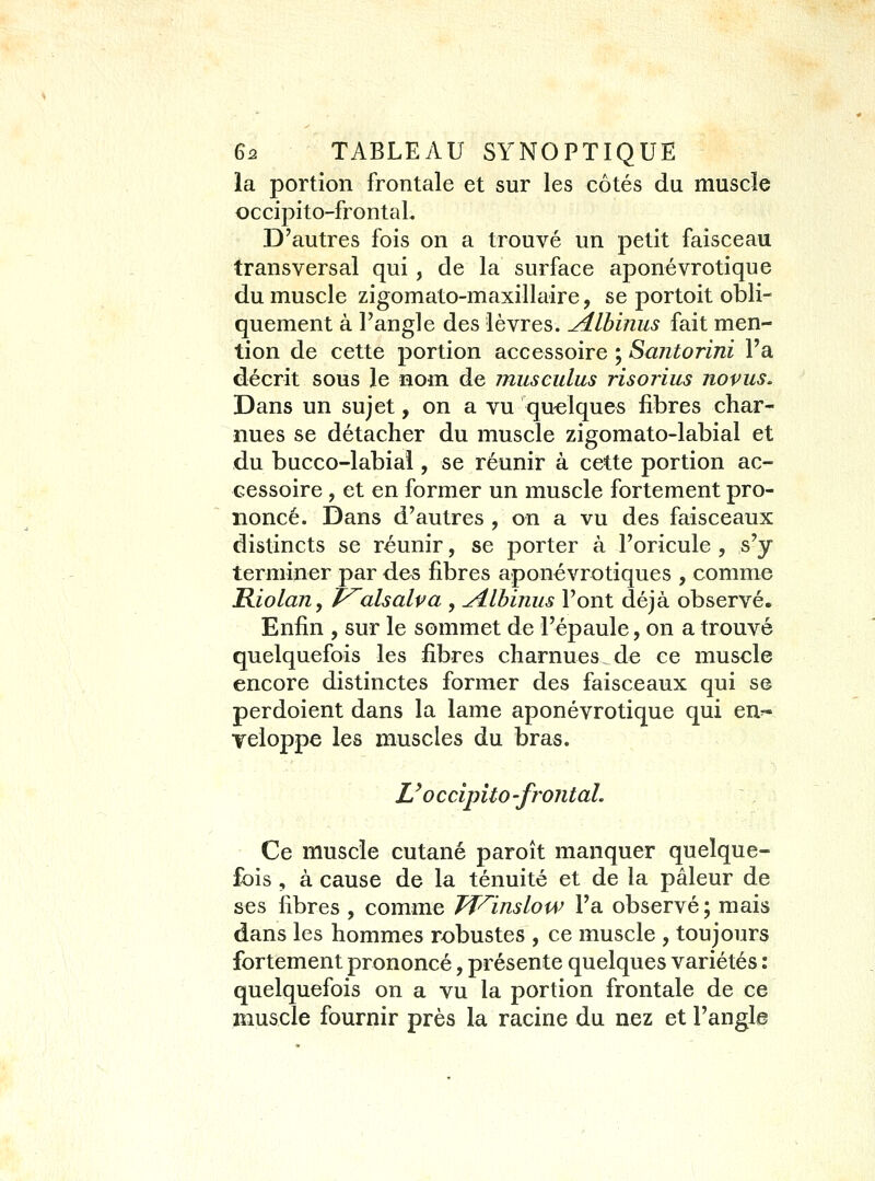 la portion frontale et sur les côtés du muscle occipito-frontaL D'autres fois on a trouvé un petit faisceau transversal qui , de la surface aponévrotique du muscle zigomato-maxillaire, se portoit obli- quement à l'angle des lèvres. ^Ibinus fait men- tion de cette portion accessoire ; Santorini l'a décrit sous le nom de museulus risorius novus. Dans un sujet, on a vu quelques fibres char- nues se détacher du muscle zigomato-labial et du bucco-labiai, se réunir à cette portion ac- cessoire , et en former un muscle fortement pro- noncé. Dans d'autres , on a vu des faisceaux distincts se réunir, se porter à l'oricule , s'y terminer par des fibres aponévrotiques , comme Riolan, P^alsalva , ^Ibinus l'ont déjà observé. Enfin , sur le sommet de l'épaule, on a trouvé quelquefois les fibres charnues de ce muscle encore distinctes former des faisceaux qui se perdoient dans la lame aponévrotique qui en^ yeloppe les muscles du bras. U occipito-frontal. Ce muscle cutané paroît manquer quelque- fois , à cause de la ténuité et de la pâleur de ses fibres , comme Tf'^inslow l'a observé ; mais dans les hommes robustes , ce muscle , toujours fortement prononcé, présente quelques variétés : quelquefois on a vu la portion frontale de ce muscle fournir près la racine du nez et l'angle