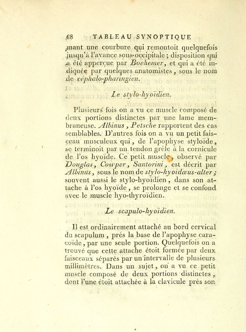 ■mant une courbure qui remontoit quelquefois jusqu'à l'avance sous-occipitale; disposition qui ^i été apperçue par Boehejuer, et qui a été in- diquée par quelques anatomistes , sou5 le nom ile céplialo'pharingien, ^ Le stylo-hyoïdien. Plusieurs fois on a vu ce muscle composé de deux portions distinctes par une lame mem- braneuse, ydlhinus , Petsche rapportent des cas semblables. D'autres fois on a vu un petit fais- ceau musculeux qui, de Fapopliyse styloïde ^ se terminoit par un tendon grêle à la cornicule de l'os hyoïde. Ce petit muscle , observé par Douglas, Cowpej^, Santorini, est décrit par udlbinus, sous le nom de stylo-hyoidœus-alter ; souvent aussi le stylo-hyoïdien, dans son at- tache à l'os hyoïde , se prolonge et se confond avec le muscle hyo-thyroïdien. Le scapulo-liyoïdien. Il est ordinairement attaché au bord cervical du scapulum , près la base de l'apophyse cara- coïde, par une seule portion. Quelquefois on a trouvé que cette attache étoit formée par deux faisceaux séparés par un intervalle de plusieurs millimètres. Dans un sujet ;> on a vu ce petit muscle composé de deux portions distinctes ^ dont Fune étoit attachée à la clavicule près son