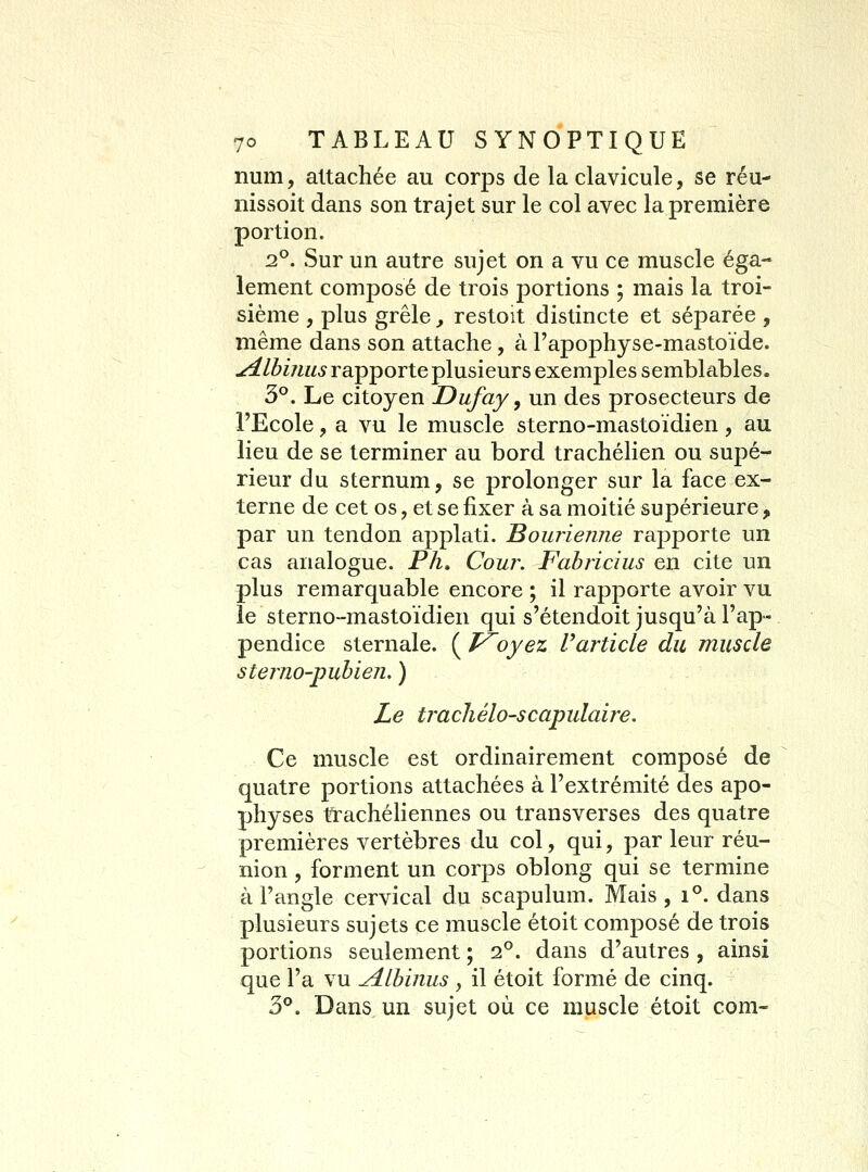 num, attachée au corps de la clavicule, se réu- nissoit dans son trajet sur le col avec la première portion. 2°. Sur un autre sujet on a vu ce muscle éga- lement composé de trois portions ; mais la troi- sième , plus grêle, restoit distincte et séparée , même dans son attache , à l'apophyse-mastoïde. ^/3z>iz^^ rapporte plusieurs exemples semblcibles. 3*^. Le citoyen JDufay, un des prosecteurs de l'Ecole, a vu le muscle sterno-mastoïdien, au lieu de se terminer au bord trachélien ou supé- rieur du sternum, se prolonger sur la face ex- terne de cet os, et se fixer à sa moitié supérieure, par un tendon applati. Bouriemie rapporte un cas analogue. Ph. Cour. Fabricius en cite un plus remarquable encore ; il rapporte avoir vu le sterno-mastoïdien qui s'étendoit jusqu'à l'ap- pendice sternale. ( Ployez Varticle du muscle sterno-puhien. ) Le tracliélo-scapillaire. Ce muscle est ordinairement composé de quatre portions attachées à l'extrémité des apo- physes firachéliennes ou transverses des quatre premières vertèbres du col, qui, par leur réu- nion , forment un corps oblong qui se termine à l'angle cervical du scapulum. Mais , i°. dans plusieurs sujets ce muscle étoit composé de trois portions seulement ; 2^. dans d'autres, ainsi que l'a vu ^Ibinus , il étoit formé de cinq. 3*^. Dans un sujet où ce muscle étoit com-