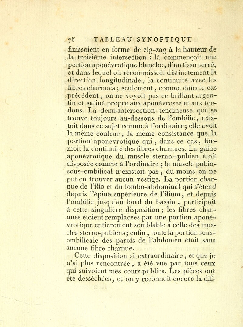 fînissoient en forme de zig-zag à la hauteur de la. troisième intersection : là commençoit une . portion aponévrotîque blanche, d'un tissu serré, et dans lequel on reconnoissoit distinctement la direction longitudincde, la continuité avec les fibres charnues ; seulement, comme dans le cas précédent, on ne voyoit pas ce brillant argenr- tin et satiné propre aux aponévroses et aux ten- . dons. La demi-intersection tendineuse qui se trouve toujours au-dessous de l'ombilic, exis- toit dans ce sujet comme à l'ordinaire; elle avoit la même couleur, la même consistance que la portion aponévrotique qui, dans ce cas, for- moit la continuité des fibres charnues. La gaine aponévrotique du muscle sterno-pubien étoit disposée comme à l'ordinaire ; le muscle pubio- sous-ombilical n'existoit pas, du moins on ne put en trouver aucun vestige. La portion char- nue de l'ilio et du lombo-abdominal qui s'étend depuis l'épine supérieure de l'ilium, et depuis l'ombilic jusqu'au bord du bassin , participoit à cette singulière disposition ; les fibres char- nues étoient remplacées par une portion aponé- vrotique entièrement semblable à celle des mus^ clés sterno-pubiens ; enfin, toute la portion sous- ombilicale des parois de l'abdomen étoit sans aucune fibre charnue. Cette disposition si extraordinaire, et que je n'ai plus rencontrée, a été vue par tous ceux qui suivoient mes cours publics. Les pièces ont été desséchées, et on y reconnaît encore ladi£-