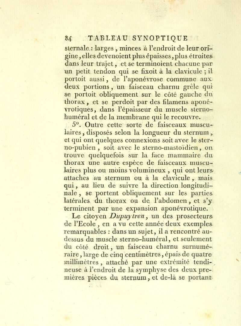 sternale : larges , minces à l'endroit de leur ori- gine , elles devenoient plus épaisses, plus étroites dans leur trajet, et se terminoient chacune par un petit tendon qui se fixoit à la clavicule ; il portoit aussi, de l'aponévrose commune aux deux portions , un faisceau charnu grêle qui se portoit obliquement sur le côté gauche du thorax , et se perdoit par des filamens aponé- vrotiques, dans l'épaisseur du muscle sterno- humerai et de la membrane qui le recouvre. 5^. Outre cette sorte de faisceaux muscu- laires , disposés selon la longueur du sternum ^ et qui ont quelques connexions soit avec le ster- no-pubien , soit avec le sterno-mastoïdien, on. trouve quelquefois sur la face mammaire du thorax une autre espèce de faisceaux muscu- laires plus ou moins volumineux , qui ont leurs attaches au sternum ou à la clavicule , mais qui ^ au lieu de suivre la direction longitudi- nale , se portent obliquement sur les parties, latérales du thorax ou de l'abdomen, et s'y terminent par une expansion aponévrotique. Le citoyen Dupuytren, un des prosecteursÀ de l'Ecole _, en a vu cette année deux exemples remarquables : dans un sujet, il a rencontré au- dessus du muscle sterno-huméral, et seulement du côté droit, un faisceau charnu surnumé- raire , large de cinq centimètres, épais de quatre îîiillimètres , attaché par une extrémité tendi- . neuse à l'endroit de la symphyse des deux pre« Miièrea pièces du sternum ^ et de-là &e portant