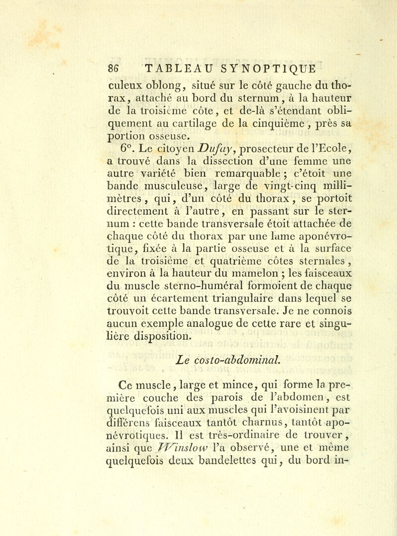 culeux oblong, situé sur le côté gauche du tho- rax, attaché au bord du sternum, à la hauteur de la troisième côte, et de-là s'étendant obli- quement au cartilage de la cinquième , près sa portion osseuse. 6°. Le citoyen Diifay, prosecteur de l'Ecole, a trouvé dans la dissection d'une femme une autre variété bien remarquable ; c'étoit une bande musculeuse, large de vingt-cinq milli- mètres , qui, d'un côté du thorax , se portoit directement à l'autre, en passant sur le ster- num : cette bande transversale étoit attachée de chaque côté du thorax par une lame aponévro- tique, fixée à la partie osseuse et à la surface de la troisième et quatrième côtes sternales , environ à la hauteur du mamelon ; les faisceaux du muscle sterno-huméral formoient de chaque côté un écartement triangulaire dans lequel se trouvoit cette bande transversale. Je ne connois ^ucun exemple analogue de cette rare et singu- lière disposition. Le costo-ahdominai. Ce muscle, large et mince, qui forme la pre- mière couche des parois de l'abdomen, est quelquefois uni aux muscles qui l'avoisinent par différens faisceaux tantôt charnus, tantôt apo- névrotiques. Il est très-ordinaire de trouver, ainsi (\\iq Jf^inslow l'a observé, une et même quelquefois deux bandelettes qui, du bord in-