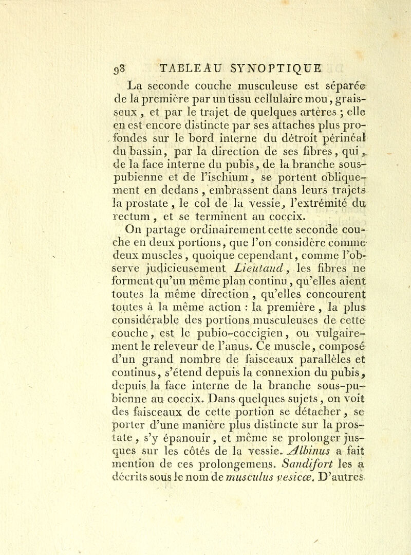 La seconde couche musculeuse est séparée de la première par un tissu cellulaire mou, grais- seux , et par le trajet de quelques artères • elle en est encore distincte par ses attaches plus pro- , fondes sur le bord interne du détroit périnéal du bassin, par la direction de ses fibres, qui,, de la face interne du pubis, de la branche sous- pubienne et de l'ischium, se portent oblique- ment en dedans , embrassent dans leurs trajets la prostate , le col de la vessie^ l'extrémité du rectum , et se terminent au coccix. On partage ordinairement cette seconde cou- che en deux portions, que l'on considère comme deux muscles , quoique cependant, comme l'ob- serve judicieusement Lieutaud, les fibres ne forment qu'un même plan continu , qu'elles aient toutes la même direction , qu'elles concourent toutes à la même action : la première , la plus considérable des portions musculeuses de cette couche, est le pubio-coccigien, ou vulgaire- ment le releveur de l'anus. Ce muscle, composé d'un grand nombre de faisceaux parallèles et continus, s'étend depuis la connexion du pubis, depuis la face interne de la branche sous-pu- bienne au coccix. Dans quelques sujets, on voit des faisceaux de cette portion se détacher, se porter d'une manière plus distincte sur la pros- tate , s'y épanouir, et même se prolonger jus- ques sur les côtés de la vessie. ^Ihinus a fait mention de ces prolongemens. Sandifort les a décrits sous le nom de musculus vesicœ. D'autres