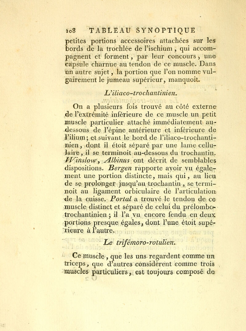 petites portions accessoires attachées sur les bords de la trochlée de l'ischium , qui accom- pagnent et forment, par leur concours , une capsule charnue au tendon de ce muscle. Dans Tin autre sujet, la portion que l'on nomme vul- gairement le jumeau supérieur, manquoiu L'iliaco-trochantbiien. On a plusieurs fois trouvé au côté externe de l'extrémité inférieure de ce muscle un petit muscle particulier attaché immédiatement au- dessous de l'épine antérieure et inférieure de l'ilium; et suivant le bord de l'iliaco-trochanti- nien, dont il étoit séparé par une lame cellu- Jairb, il se terminoit au-dessous du trochantin, JVinslow j ^Albinus ont décrit de semblables dispositions. Bergen rapporte avoir vu égale- ment une portion distincte, mais qui, au lieu de se prolonger jusqu'au trocliantin , se termi- noit au ligament orbiculaire de l'articulation, de la cuisse. Pointai a trouvé le tendon de ce muscle distinct et séparé de celui du prélombo • trochantinien ; il l'a vu encore fendu en deux portions presque égales^ dont l'une étoit supé- rieure à l'autre. LéB trifémoro-rotulien. Ce muscle, que les uns regardent comme un triceps, que d'autres considèrent comme trois muscles particuliers^ est toujours composé da