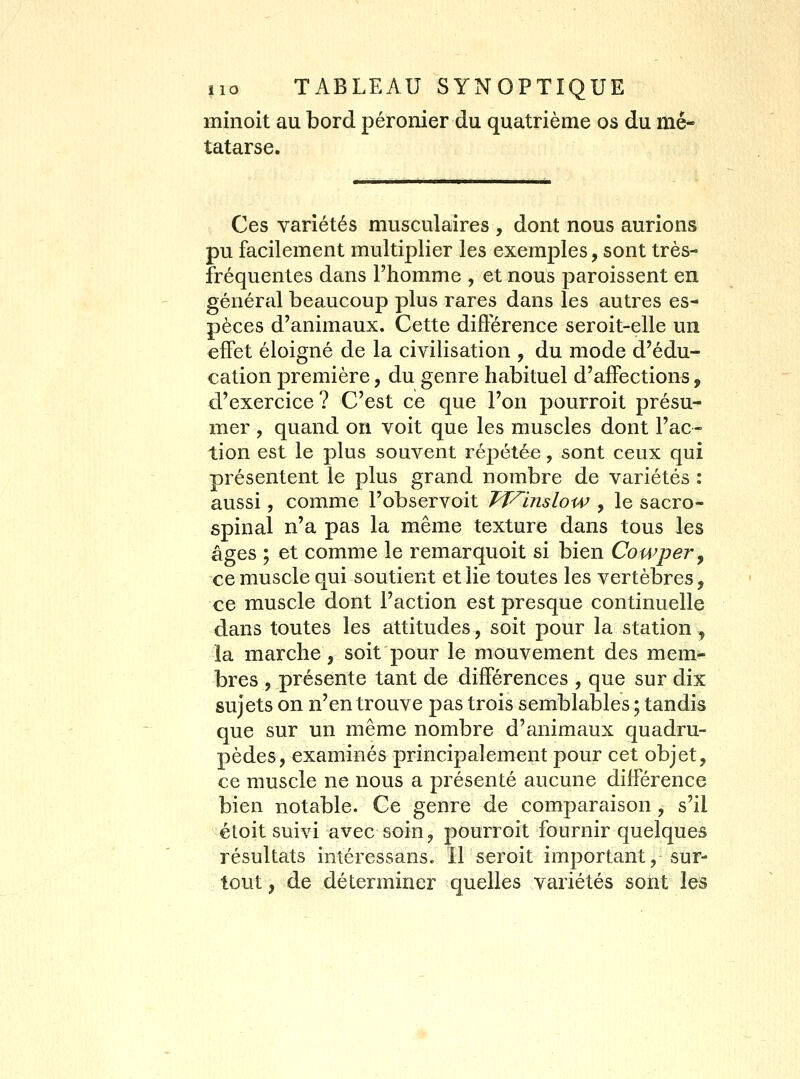 minoit au bord péronier du quatrième os du mé- tatarse. Ces variétés musculaires , dont nous aurions pu facilement multiplier les exemples, sont très- fréquentes dans l'homme , et nous paroissent en général beaucoup plus rares dans les autres es- pèces d'animaux. Cette différence seroit-elle un effet éloigné de la civilisation , du mode d'édu- cation première, du genre habituel d'affections, d'exercice ? C'est ce que l'on pourroit présu- mer , quand on voit que les muscles dont l'ac- tion est le plus souvent répétée, sont ceux qui présentent le plus grand nombre de variétés : aussi, comme l'observoit TVinslow , le sacro- spinal n'a pas la même texture dans tous les âges ; et comme le remarquoit si bien Cowper^ ce muscle qui soutient et lie toutes les vertèbres, ce muscle dont l'action est presque continuelle dans toutes les attitudes, soit pour la station, îa marche, soit pour le mouvement des mem- bres, présente tant de différences , que sur dix sujets on n'en trouve pas trois semblables ; tandis que sur un même nombre d'émimaux quadru- pèdes, examinés principalement pour cet objet, ce muscle ne nous a présenté aucune différence bien notable. Ce genre de comparaison, s'il éloit suivi avec soin, pourroit fournir quelques résultats intéressans. Il seroit important, sur- tout , de déterminer quelles variétés sont les
