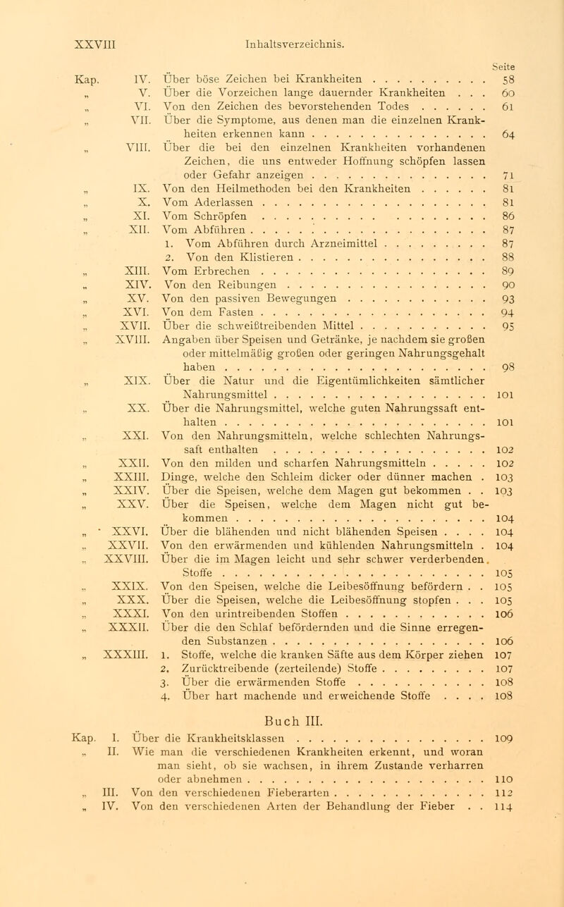 Kap. Kap. IV. V. VI. VII. VIII. IX. X. XI. XII. XIII. XIV. XV. XVI. XVII. XVIII. XIX. XX. XXI. XXII. XXIII. XXIV. XXV. • XXVI. XXVII. XXVIII. XXIX. XXX. XXXI. XXXII. XXXIII. Über böse Zeichen bei Krankheiten Über die Vorzeichen lange dauernder Krankheiten . . . Von den Zeichen des bevorstehenden Todes Über die Symptome, aus denen man die einzelnen Krank- heiten erkennen kann Über die bei den einzelnen Krankheiten vorhandenen Zeichen, die uns entweder Hoffnung schöpfen lassen oder Gefahr anzeigen Von den Heilmethoden bei den Krankheiten Vom Aderlassen Vom Schröpfen Vom Abführen 1. Vom Abführen durch Arzneimittel 2. Von den Klistieren Vom Erbrechen Von den Reibungen Von den passiven Bewegungen Von dem Fasten Über die schweißtreibenden Mittel Angaben über Speisen und Getränke, je nachdem sie großen oder mittelmäßig großen oder geringen Nahrungsgehalt haben Über die Natur und die Eigentümlichkeiten sämtlicher Nahrungsmittel Über die Nahrungsmittel, welche guten Nahrungssaft ent- halten Von den Nahrungsmitteln, welche schlechten Nahrungs- saft enthalten Von den milden und scharfen Nahrungsmitteln Dinge, welche den Schleim dicker oder dünner machen . Über die Speisen, welche dem Magen gut bekommen . . Über die Speisen, welche dem Magen nicht gut be- kommen Über die blähenden und nicht blähenden Speisen .... Von den erwärmenden und kühlenden Nahrungsmitteln . Über die im Magen leicht und sehr schwer verderbenden Stoffe Von den Speisen, welche die Leibesöffnung befördern . . Über die Speisen, welche die Leibesöffnung stopfen . . . Von den urintreibenden Stoffen Über die den Schlaf befördernden und die Sinne erregen- den Substanzen 1. Stoffe, welche die kranken Säfte aus dem Körper ziehen 2. Zurücktreibende (zerteilende) Stoffe 3. Über die erwärmenden Stoffe 4. Über hart machende und erweichende Stoffe .... Seite 58 60 61 64 71 81 81 86 87 87 88 89 90 93 94 95 102 102 103 103 104 104 104 105 105 105 106 106 107 107 108 108 I. II. III. IV. Buch III. Über die Krankheitsklassen 109 Wie man die verschiedenen Krankheiten erkennt, und woran man sieht, ob sie wachsen, in ihrem Zustande verharren oder abnehmen HO Von den verschiedenen Fieberarten 112 Von den verschiedenen Arten der Behandlung der Fieber . . 114
