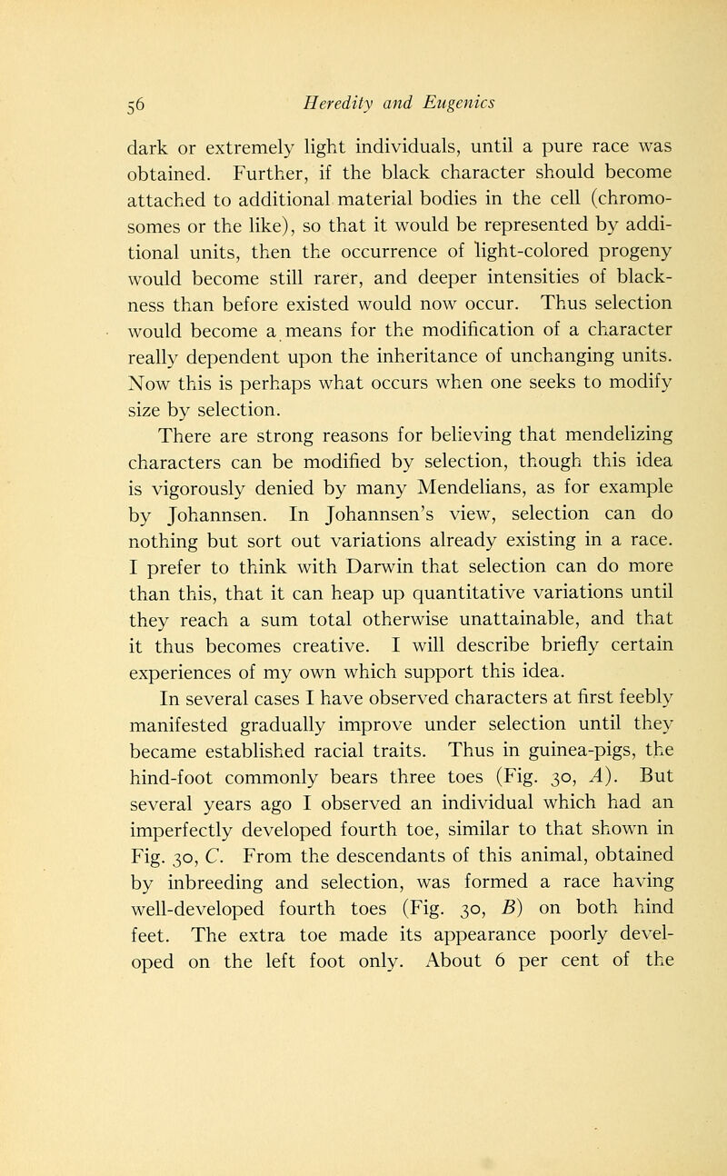 dark or extremely light individuals, until a pure race was obtained. Further, if the black character should become attached to additional material bodies in the cell (chromo- somes or the like), so that it would be represented by addi- tional units, then the occurrence of light-colored progeny would become still rarer, and deeper intensities of black- ness than before existed would now occur. Thus selection would become a means for the modification of a character really dependent upon the inheritance of unchanging units. Now this is perhaps what occurs when one seeks to modify size by selection. There are strong reasons for believing that mendelizing characters can be modified by selection, though this idea is vigorously denied by many Mendelians, as for example by Johannsen. In Johannsen's view, selection can do nothing but sort out variations already existing in a race. I prefer to think with Darwin that selection can do more than this, that it can heap up quantitative variations until they reach a sum total otherwise unattainable, and that it thus becomes creative. I will describe briefly certain experiences of my own which support this idea. In several cases I have observed characters at first feebly manifested gradually improve under selection until they became established racial traits. Thus in guinea-pigs, the hind-foot commonly bears three toes (Fig. 30, A). But several years ago I observed an individual which had an imperfectly developed fourth toe, similar to that shown in Fig. 30, C. From the descendants of this animal, obtained by inbreeding and selection, was formed a race having well-developed fourth toes (Fig. 30, B) on both hind feet. The extra toe made its appearance poorly devel- oped on the left foot only. About 6 per cent of the