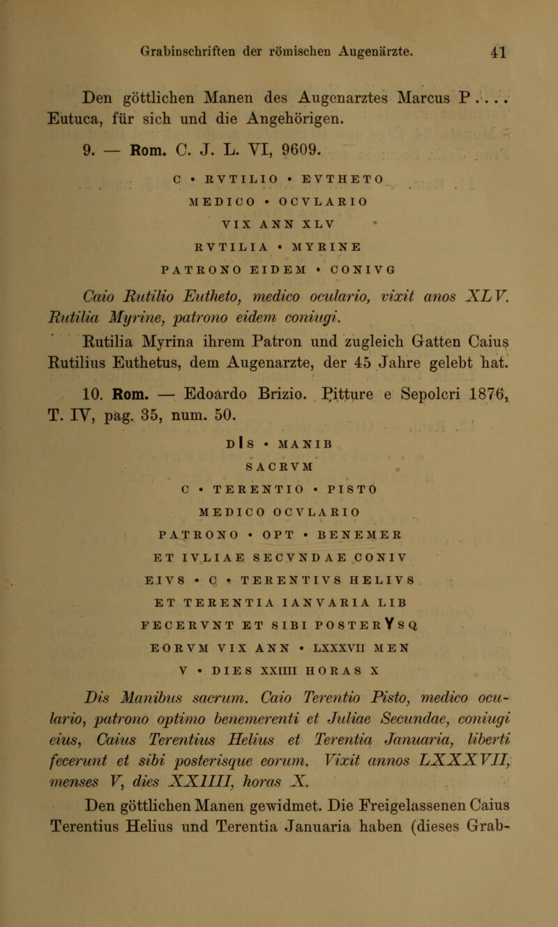 Den göttlichen Manen des Augenarztes Marcus P . . . . Eutuca, für sich und die Angehörigen. 9. — Rom. C. J. L. VI, 9609. C • RVTILIO • EVTHETO MEDICO • OCVLARIO VIX ANN XLV RVTILIA • MYRINE PATRONO EIDEM • CONIVG Caio Rutilio Eidheto, medico oculario, vixit anos XLV. Rutilia Murine, patrono eidem coniugi. Rutilia Myrina ihrem Patron und zugleich Gatten Caius Kutilius Euthetus, dem Augenarzte, der 45 Jahre gelebt hat. 10. Rom. — Edoardo Brizio. I^itture e Sepolcri 1876, T. IV, pag. 35, num. 50. Dls • MANIB SACRVM C • TERENTIO • PISTO MEDICO OCVLARIO PATRONO • OPT • BENEMER ET IVLIAE SECVNDAE CONIV EIVS • C • TERENTIVS HELIVS ET TERENTIA IANVARIA LIB FECERVNT ET SIBI POSTErYsQ EORVM VIX ANN • LXXXVII MEN V • DIES XXIIII HÖR AS X Dis Manibas sacrum. Caio Terentio Pisto, medico oca- lario, patrono optimo benemerenti et Juliae Secundae, coniugi eins, Caius Terentius Helius et Terentia Januaria, liberti fecerunt et sibi posterisque eorum. Vixit annos LXXXVII, mensee F, dies XXIIII, koras X. Den göttlichen Manen gewidmet. Die Freigelassenen Caius Terentius Helius und Terentia Januaria haben (dieses Grab-