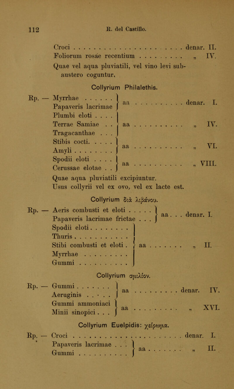 Croci denar. IT. Foliorum rosäe recentium „ IV. Quae vel aqua pluviatili, vel vino levi sub- austero coguntur. Collyrium Philalethis. Ep. — Myrrhae Papaveris lacrimae Plumbi eloti . . Terrae Samiae Tragacanthae . Stibis cocti. . . Aniyli Spodii eloti aa denar. I. aa , IV. f aa ., VI. tae . . j Cerussae elotae Quae aqua pluviatili excipiuntur. Usus collyrii vel ex ovo, vel ex lacte est. Collyrium hia Xtßöcvou. Ep. — Aeris combusti et eloti ) . _ t-, .,. -. , > aa. . . denar. 1. Papaveris lacrimae inctae . . . J Spodii eloti Thuris . . . Stibi combusti et eloti . } aa ., ! Myrrhae Gummi Collyrium gjuXfov. Ep. — Gummi i , TTT A . . aa denar. IV. Aeruginis . . • . . J Gummi ammoniaci | ^TrT ,f ? aa , XVI. Minii smopici . . . J Collyrium Euelpidis: ydpb)\ioc. Ep. — Croci denar. I. Papaveris lacrimae . . . 1 TT /-i i ^a . „ li. Gummi . c J
