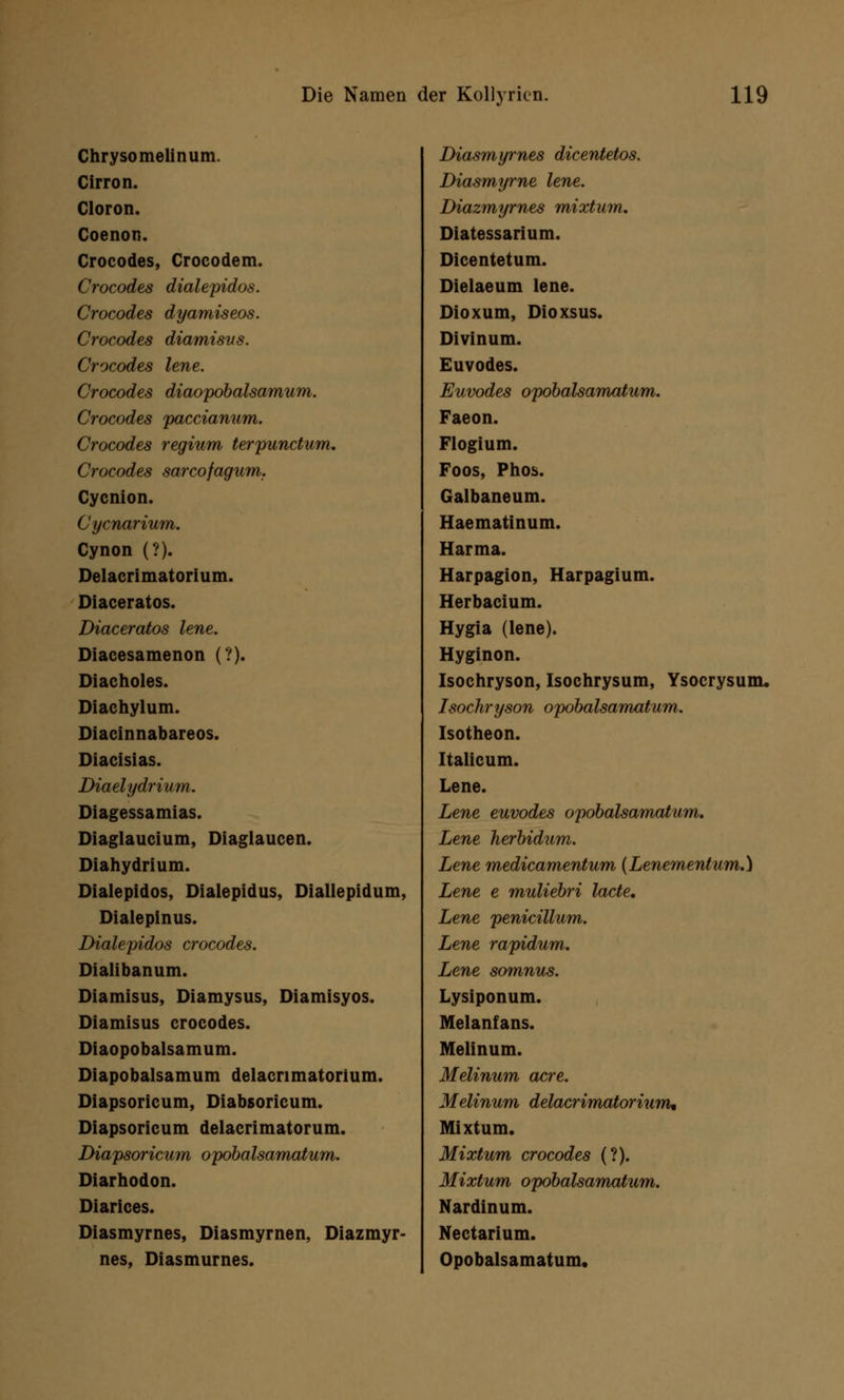 Chrysomelinum. Cirron. Cloron. Coenon. Crocodes, Crocodem. Crocodes dialepidos. Crocodes dyamiseos. Crocodes diamisus. Crocodes lene. Crocodes diaopobalsamum. Crocodes paccianum. Crocodes regium terpunctum. Crocodes sarcofagum. Cycnion. Cycnarium. Cynon (?). Delacrimatorium. Diaceratos. Diaceratos lene. Diacesamenon (?). Diacholes. Diachylum. Diacinnabareos. Diacisias. Diaelydrium. Diagessamias. Diaglaucium, Diaglaucen. Diahydrium. Dialepidos, Dialepidus, Diallepidum, Dialepinus. Dialepidos crocodes. Dialibanum. Diamisus, Diamysus, Diamisyos. Diamisus crocodes. Diaopobalsamum. Diapobalsamum delacrimatorium. Diapsoricum, Diabsoricum. Diapsoricum delacrimatorum. Diapsoricum opobalsamatum. Diarhodon. Diarices. Diasmyrnes, Diasmyrnen, Diazmyr- nes, Diasmurnes. Diasmyrnes dicentetos. Diasmyrne lene. Diazmyrnes mixtum. Diatessarium. Dicentetum. Dielaeum lene. Dioxum, Dioxsus. Divinum. Euvodes. Euvodes opobalsamatum. Faeon. Flogium. Foos, Phos. Galbaneum. Haematinum. Harma. Harpagion, Harpagium. Herbacium. Hygia (lene). Hyginon. Isochryson, Isochrysum, Ysocrysum. Isochryson opobalsamatum. Isotheon. Italicum. Lene. Lene euvodes opobalsamatum. Lene herbidum. Lene medicamentum (Lenementum.) Lene e muliebri lacte. Lene penicillum. Lene rapidum. Lene somnus. Lysiponum. Melanfans. Melinum. Melinum acre. Melinum delacrimatorium. Mixtum. Mixtum crocodes (?). Mixtum opobalsamatum. Nardinum. Nectarium. Opobalsamatum.