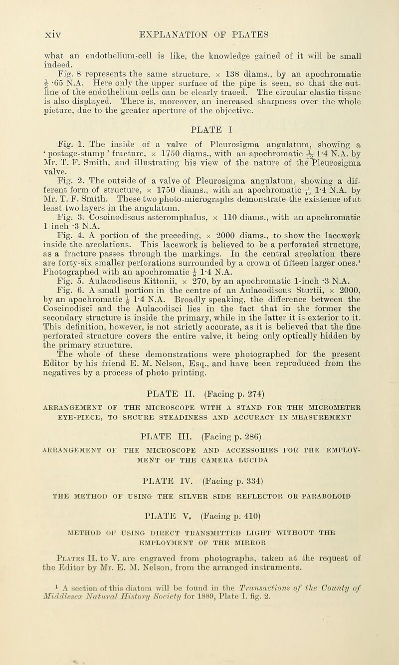what an endothelium-cell is like, the knowledge gained of it will be small indeed. Eig. 8 represents the same structure, x 138 diams., by an apochromatic f -65 N.A. Here only the upper surface of the pipe is seen, so that the out- line of the endothelium-cells can be clearly traced. The circular elastic tissue is also displayed. There is, moreover, an increased sharpness over the whole picture, due to the greater aperture of the objective. PLATE I Eig. 1. The inside of a valve of Pleurosigma angulatum, showing a ' postage-stamp ' fracture, x 1750 diams., with an apochromatic ~ 1*4 N.A. by Mr. T. F. Smith, and illustrating his view of the nature of the Pleurosigma valve. Fig. 2. The outside of a valve of Pleurosigma angulatum, showing a dif- ferent form of structure, x 1750 diams., with an apochromatic ~ 1'4 N.A. by Mr. T. F. Smith. These two photo-micrographs demonstrate the existence of at least two layers in the angulatum. Fig. 3. Coscinodiscus asteromphalus, x 110 diams., with an apochromatic 1-inch -3 N.A. Fig. 4. A portion of the preceding, x 2000 diams., to show the lacework inside the areolations. This lacework is believed to be a perforated structure, as a fracture passes through the markings. In the central areolation there are forty-six smaller perforations surrounded by a crown of fifteen larger ones.' Photographed with an apochromatic ^ 1-4 N.A. Fig. 5. Aulacodiscus Kittonii, x 270, by an apochromatic 1-inch -3 N.A. Fig. 6. A small portion in the centre of an Aulacodiscus Sturtii, x 2000, by an apochromatic ^ 1-4 N.A. Broadly speaking, the difference between the Coscinodisci and the Aulacodisci lies in the fact that in the former the secondary structure is inside the primary, while in the latter it is exterior to it. This definition, however, is not strictly accurate, as it is believed that the fine perforated structure covers the entire valve, it being only optically hidden by the primary structure. The whole of these demonstrations were photographed for the present Editor by his friend E. M. Nelson, Esq., and have been reproduced from the negatives by a process of photo-printing. PLATE II. (Facing p. 274) ARRANGEMENT OF THE MICROSCOPE WITH A STAND FOR THE MICROMETER EYE-PIECE, TO SECURE STEADINESS AND ACCURACY IN MEASUREMENT PLATE III. (Facing p. 286) ARRANGEMENT OF THE MICROSCOPE AND ACCESSORIES FOR THE EMPLOY- MENT OF THE CAMERA LUCIDA PLATE IV. (Facing p. 334) THE METHOD OF USING THE SILVER SIDE REFLECTOR OR PARABOLOID PLATE V. (Facing p. 410) METHOD OF USING DIRECT TRANSMITTED LIGHT M^ITHOUT THE EMPLOYMENT OF THE MIRROR Pla'J'ks II. to V. are engraved from photographs, taken at the request of the Editor by Mr. E. M. Nelson, from the arranged instruments. 1 A section of this diiiiom will In; IohikI i)i (-lie TrtiiiHwIidnfi of tlui Coimty of Middlesex Natural Hislor/j Sdciclij for IW.), I'latc; 1. fig. '2.