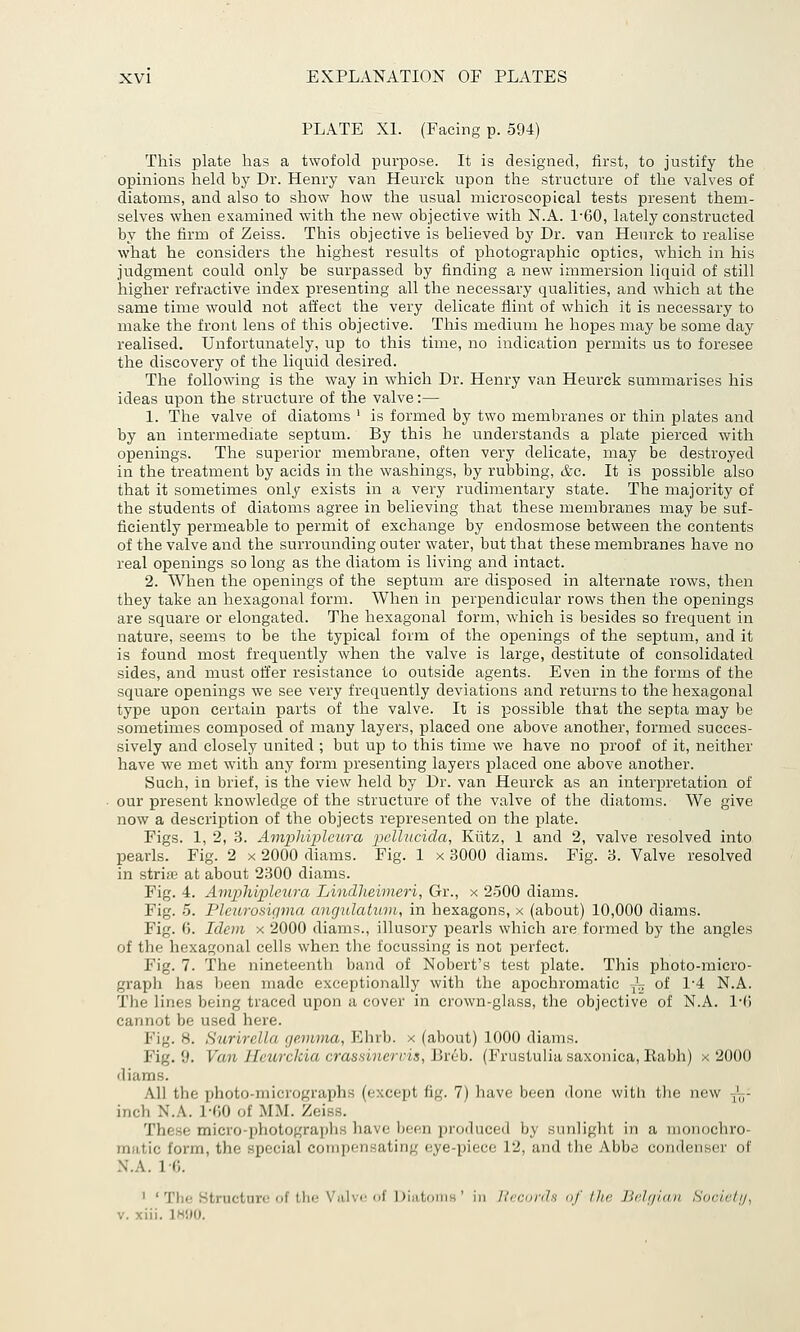 PLATE XL (Facing p. 594) This plate has a twofold purpose. It is designed, first, to justify the opinions held by Dr. Henry van Heurck upon the structure of the valves of diatoms, and also to show how the usual microscopical tests present them- selves when examined with the new objective with N.A. 1-60, lately constructed by the firm of Zeiss. This objective is believed by Dr. van Heurck to realise what he considers the highest results of photographic optics, which in his judgment could only be surpassed by finding a new immersion liquid of still higher refractive index presenting all the necessary qualities, and which at the same time would not affect the very delicate flint of which it is necessary to make the front lens of this objective. This medium he hopes may be some day realised. Unfortunately, up to this time, no indication permits us to foresee the discovery of the liquid desired. The following is the way in which Dr. Henry van Heurck summarises his ideas upon the structure of the valve:— 1. The valve of diatoms ' is formed by two membranes or thin plates and by an intermediate septum. By this he understands a plate pierced with openings. The superior membrane, often very delicate, may be destroyed in the treatment by acids in the washings, by rubbing, &c. It is possible also that it sometimes only exists in a very rudimentary state. The majority of the students of diatoms a.gree in believing that these membranes may be suf- ficiently permeable to permit of exchange by endosmose between the contents of the valve and the surrounding outer water, but that these membranes have no real openings so long as the diatom is living and intact. 2. When the openings of the septum are disposed in alternate rows, then they take an hexagonal form. When in perpendicular rows then the openings are square or elongated. The hexagonal form, which is besides so frequent in nature, seems to be the typical form of the openings of the septum, and it is found most frequently when the valve is large, destitute of consolidated sides, and must offer resistance to outside agents. Even in the forms of the square openings we see very frequently deviations and returns to the hexagonal type upon certain parts of the valve. It is possible that the septa may be sometimes composed of many layers, placed one above another, formed succes- sively and closely united ; but up to this time we have no proof of it, neither have we met with any form presenting layers placed one above another. Such, ia brief, is the view held by Dr. van Heurck as an interpretation of our present knowledge of the structure of the valve of the diatoms. We give now a description of the objects represented on the plate. Figs. 1, 2, .3. Ampliipleura pelliicida, Kiitz, 1 and 2, valve resolved into pearls. Fig. 2 x 2000 diams. Fig. 1 x 3000 diams. Fig. 3. Valve resolved in striai at about 2300 diams. Fig. 4. Amphipleura LiiidJieimeri, Gr., x 2500 diams. Fig. 5. Pleitrosigma ancjulatwn, in hexagons, x (about) 10,000 diams. Fig. 6. Idem x 2000 diams., illusory pearls which are formed by the angles of the hexagonal cells when the focussing is not perfect. Fig. 7. The nineteenth band of Nobert's test plate. This photo-micro- graph has been made exceptionally with the apochromatic j^ of 1-4 N.A. The lines being traced upon a cover in crown-glass, the objective of N.A. l-{\ cannot be used here. Fig. 8. Surirella ijevwia, Ehrb. x (about) 1000 diams. Fig. 9. Van lleurclda cras^inerris, Lreb. (Frustulia saxonica, Rabh) x 2000 diams. All the photo-micrographs (except fig. 7) have been done witli tlie new -{j-,- inch N.A. l-fiO of MM. Zeiss. These micro-pliotographs have been produced by sunlight in a monochro- matic form, the special compensating eye-piece 12, and the Abbe condenser of N.A. 10. > 'The Structure of the Vtilve of Diiitoms' in llrcmU of llic Jichi'nni Sorir/ij, V. xiii. IH'.Hi.