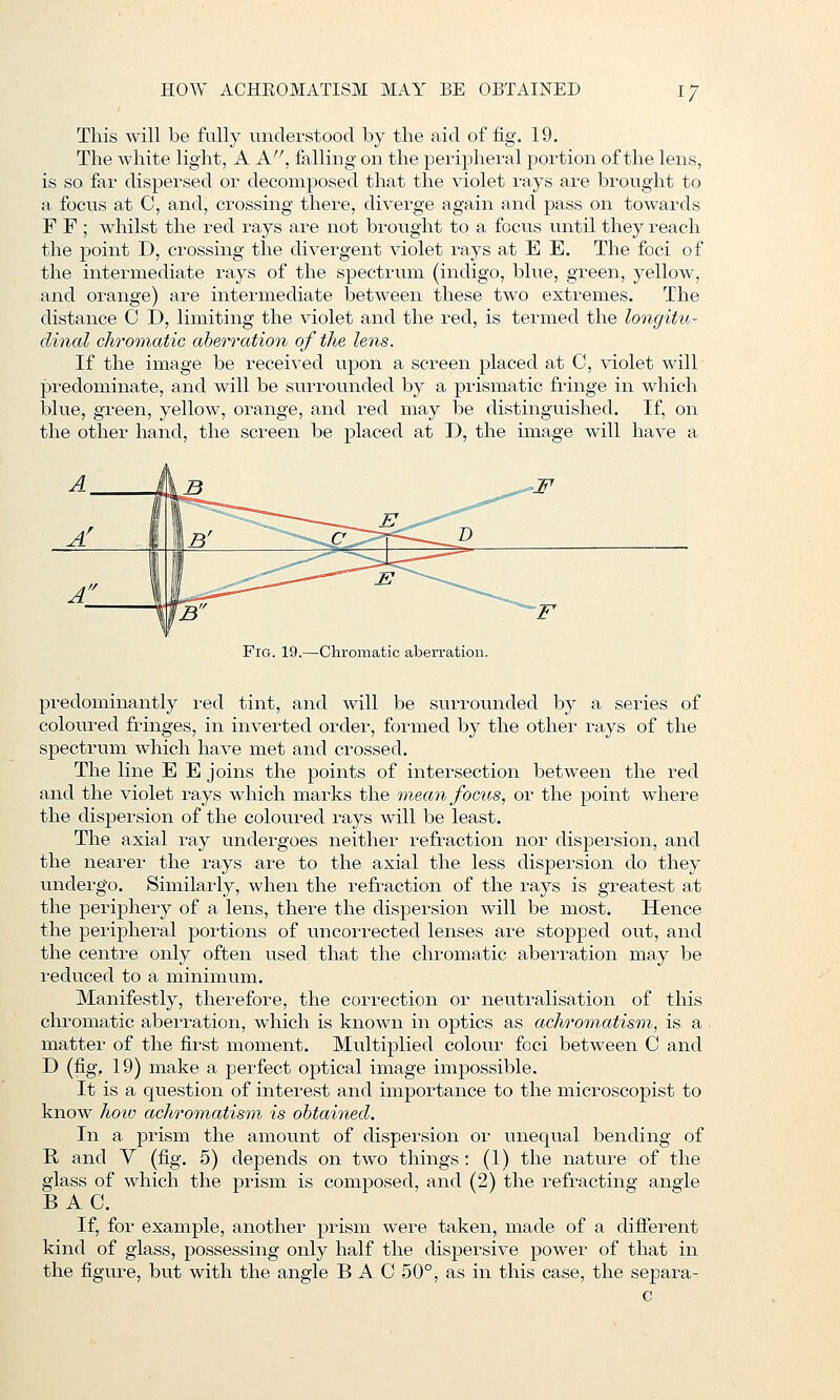 This will be fully understood by the aid of fig. 19. The white light, A A''', falling on the jDeripheral portion of the lens, is so far dispersed or decomposed that the violet I'ays are brought to a focus at C, and, crossing there, diverge again and pass on towards F F ; whilst the red rays are not brought to a focus until they reach the point D, crossing the divergent violet rays at E E. The foci of the intermediate rays of the spectrum (indigo, blue, green, yellow, and orange) are intermediate between these two extremes. The distance C D, limiting the violet and the red, is termed the longitu- dinal chromatic aberration of the lens. If the image be received upon a screen placed at C, violet will predominate, and will be surrounded by a prismatic fringe in which blue, green, yellow, orange, and red may be distinguished. If, on the other hand, the screen be placed at D, the image will have a Fig. 19.—Chromatic aberration. predominantly red tint, and will be surrounded by a series of coloured fringes, in inverted order, formed by the other rays of the spectrum which have met and crossed. The line E E joins the points of intersection between the red and the violet rays which marks the mean focits, or the point where the dispersion of the coloured rays will be least. The axial ray undergoes neither refraction nor dispersion, and the nearer the rays are to the axial the less dispersion do they undergo. Similarly, when the refraction of the rays is greatest at the periphery of a lens, there the dispersion will be most. Hence the peripheral portions of uncorrected lenses are stopped out, and the centre only often used that the chromatic aberration may be reduced to a minimum. Manifestly, therefore, the correction or neutralisation of this chromatic abei'ration, which is known in optics as achromatism, is a - matter of the first moment. Multiplied colour foci between C and D (fig, 19) make a perfect optical image impossible. It is a question of interest and importance to the microscopist to know hoio achrom^atism is obtained. In a prism the amount of dispersion or luiequal bending of R and Y (fig. 5) depends on two things: (1) the nature of the glass of which the prism is composed, and (2) the refracting angle BAG. If, for example, another prism were taken, made of a difierent kind of glass, possessing only half the dispersive power of that in the figure, but with the angle BAG 50°, as in this case, the separa- c
