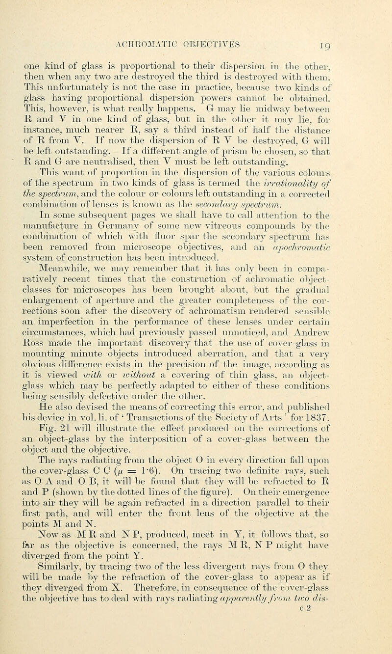 one kind of glass is pi-oportional to their dispersion in the other, then when any two are destroyed the third is destroyed with them. This nnfortunately is not the case in practice, because two kinds of glass having proportional dispersion powers cannot be obtained. This, however, is what really happens. G may lie midway between R and V in one kind of glass, but in the other it may lie, for instance, much nearer R, say a third instead of half the distance of R from Y. If now the dispersion of R V be destroyed, G will be left outstanding. If a different angle of prism be chosen, so that R and G are neutralised, then V must be left outstanding. This want of proportion in the dispersion of the various colours of the spectrum in two kinds of glass is termed the irrationality of the sjMCtrioni, and the colour or colours left outstanding in a corrected combination of lenses is known as the secondary sjjectrum. In some subsequent pages we shall have to call attention to the manufacture in Germany of some new vitreous compounds by the combination of which with fluor spar the secondary spectrum has been removed from microscope objectives, and an a'pochromatic system, of construction has been introduced. Meanwhile, we may remember that it has only been in compa- ratively recent times that the construction of achromatic object- classes for microscopes has been brought about, but the gradual enlargement of aperture and the greater completeness of the cor- rections soon after the discovery of achromatism rendered sensible an imperfection in the performance of these lenses under certain circumstances, which had previously passed unnoticed, and Andrew Ross made the important discovery that the use of cover-glass in mounting minute objects introduced aberration, and that a very obvious difference exists in the precision of the image, according as it is viewed with or ivithout a covering of thin glass, an object- glass which may be perfectly adapted to either of these conditions being sensibly defective under the other. He also devised the means of correcting this error, and published his device in vol. li. of ' Transactions of the Society of Arts ' for 1837. Fig. 21 will illustrate the effect produced on the corrections of an object-glass by the interposition of a cover-glass between the object and the objective. The rays radiating from the object O in every dii'ection fall upon the cover-glass C 0 [p. = 16). On tracing two definite rays, such as O A and 0 B, it will be found that they will be refracted to R and P (shown by the dotted lines of the figure). On their emergence into air they will be again refracted in a dii'ection parallel to their first path, and will enter the front lens of the objective at the points M and N. Now as M R and N P, produced, meet in Y, it follows that, so far as the objective is concerned, the rays MR, N P might have diverged from the point Y. Similarly, by tiucing two of the less divergent i-ays fi'om O they will be made by the refraction of the cover-glass to appear as if they diverged from X. Therefore, in consequence of the cover-glass the objective has to deal with vsiyfi v&(^\&ti\\g a^yj^arently froon two clis- c2