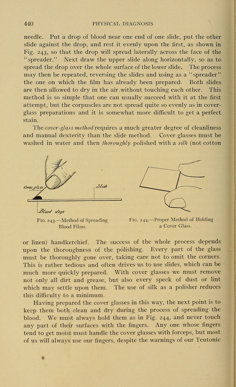 needle. Put a drop of blood near one end of one slide, put the other slide against the drop, and rest it evenly upon the first, as shown in Fig. 243, so that the drop will spread laterally across the face of the spreader. Next draw the upper slide along horizontally, so as to spread the drop over the whole surface of the lower slide. The process may then be repeated, reversing the slides and using as a spreader the one on which the film has already been prepared. Both slides are then allowed to dry in the air.without touching each other. This method is so simple that one can usually succeed with it at the first attempt, but the corpuscles are not spread quite so evenly as in cover- glass preparations and it is somewhat more difficult to get a perfect stain. The cover-glass method requires a much greater degree of cleanliness and manual dexterity than the slide method. Cover glasses must be washed in water and then thoroughly polished with a silk (not cotton te>verjf/t?fs^ Fig. 243.—Method of Spreading Fig. 244.—Proper Method of Holding Blood Films. a Cover Glass. or linen) handkerchief. The success of the whole process depends upon the thoroughness of the polishing. Every part of the glass must be thoroughly gone over, taking care not to omit the corners. This is rather tedious and often drives us to use slides, which can be much more quickly prepared. With cover glasses we must remove not only all dirt and grease, but also every speck of dust or lint which may settle upon them. The use of silk as a polisher reduces this difficulty to a minimum. Having prepared the cover glasses in this way, the next point is to keep them both clean and dry during the process of spreading the blood. We must always hold them as in Fig. 244, and never touch any part of their surfaces with the fingers. Any one whose fingers tend to get moist must handle the cover glasses with forceps, but most of us will always use our fingers, despite the warnings of our Teutonic