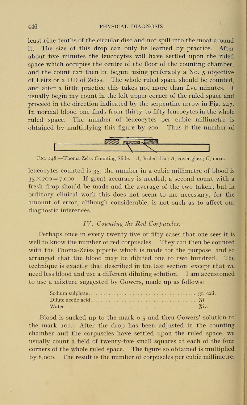least nine-tenths of the circular disc and not spill into the moat around it. The size of this drop can only be learned by practice. After about five minutes the leucocytes will have settled upon the ruled space which occupies the centre of the floor of the counting chamber, and the count can then be begun, using preferably a No. 5 objective of Leitz or a DD of Zeiss. The whole ruled space should be counted, and after a little practice this takes not more than five minutes. I usually begin my count in the left upper corner of the ruled space and proceed in the direction indicated by the serpentine arrow in Fig. 247. In normal blood one finds from thirty to fifty leucocytes in the whole ruled space. The number of leucocytes per cubic millimetre is obtained by multiplying this figure by 200. Thus if the number of T7gmT7M^WMk 1 mm T^T 1 Fig. 248.—Thoma-Zeiss Counting Slide. A, Ruled disc; B, cover-glass; C, moat. leucocytes counted is 35, the number in a cubic millimetre of blood is 35X200 = 7,000. If great accuracy is needed, a second count with a fresh drop should be made and the average of the two taken; but in ordinary clinical work this does not seem to me necessary, for the amount of error, although considerable, is not such as to affect our diagnostic inferences. IV. Counting the Red Corpuscles. Perhaps once in every twenty-five or fifty cases that one sees it is well to know the number of red corpuscles. They can then be counted with the Thoma-Zeiss pipette which is made for the purpose, and so arranged that the blood may be diluted one to two hundred. The technique is exactly that described in the last section, except that we need less blood and use a different diluting solution. I am accustomed to use a mixture suggested by Gowers, made up as follows: Sodium sulphate gr. cxii. Dilute acetic acid Si- Water § iv. Blood is sucked up to the mark 0.5 and then Gowers' solution to the mark 101. After the drop has been adjusted in the counting chamber and the corpuscles have settled upon the ruled space, we usually count a field of twenty-five small squares at each of the four corners of the whole ruled space. The figure so obtained is multiplied by 8,000. The result is the number of corpuscles per cubic millimetre.