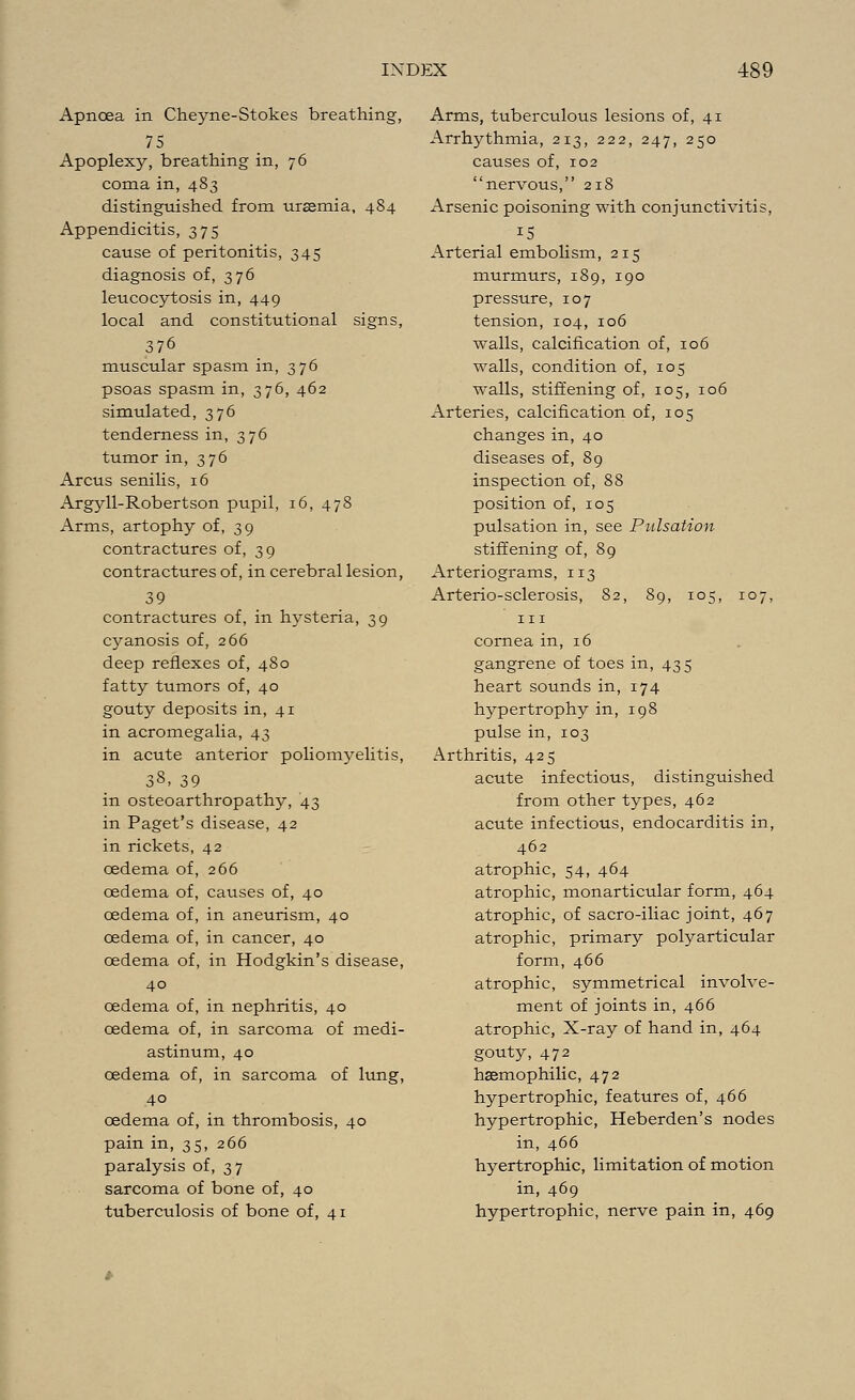 Apnoea in Cheyne-Stokes breathing, 75 Apoplexy, breathing in, 76 coma in, 483 distinguished from uraemia, 484 Appendicitis, 375 cause of peritonitis, 345 diagnosis of, 376 leucocytosis in, 449 local and constitutional signs, 376 muscular spasm in, 376 psoas spasm in, 376, 462 simulated, 376 tenderness in, 376 tumor in, 376 Arcus senilis, 16 Argyll-Robertson pupil, 16, 478 Arms, artophy of, 39 contractures of, 39 contractures of, in cerebral lesion, 39 contractures of, in hysteria, 39 cyanosis of, 266 deep reflexes of, 480 fatty tumors of, 40 gouty deposits in, 41 in acromegalia, 43 in acute anterior poliomyelitis, 38, 39 in osteoarthropathy, 43 in Paget's disease, 42 in rickets, 42 oedema of, 266 oedema of, causes of, 40 oedema of, in aneurism, 40 oedema of, in cancer, 40 oedema of, in Hodgkin's disease, 40 oedema of, in nephritis, 40 oedema of, in sarcoma of medi- astinum, 40 oedema of, in sarcoma of lung, 40 oedema of, in thrombosis, 40 pain in, 35, 266 paralysis of, 37 sarcoma of bone of, 40 tuberculosis of bone of, 41 Arms, tuberculous lesions of, 41 Arrhythmia, 213, 222, 247, 250 causes of, 102 nervous, 218 Arsenic poisoning with conjunctivitis, IS Arterial embolism, 215 murmurs, 189, 190 pressure, 107 tension, 104, 106 walls, calcification of, 106 walls, condition of, 105 walls, stiffening of, 105, 106 Arteries, calcification of, 105 changes in, 40 diseases of, 89 inspection of, 88 position of, 105 pulsation in, see Pulsation stiffening of, 89 Arteriograms, 113 Arterio-sclerosis, 82, 89, 105, 107, in cornea in, 16 gangrene of toes in, 435 heart sounds in, 174 hypertrophy in, 198 pulse in, 103 Arthritis, 425 acute infectious, distinguished from other types, 462 acute infectious, endocarditis in, 462 atrophic, 54, 464 atrophic, monarticular form, 464 atrophic, of sacro-iliac joint, 467 atrophic, primary polyarticular form, 466 atrophic, symmetrical involve- ment of joints in, 466 atrophic, X-ray of hand in, 464 gouty, 472 hsemophilic, 472 hypertrophic, features of, 466 hypertrophic, Heberden's nodes in, 466 hyertrophic, limitation of motion in, 469 hypertrophic, nerve pain in, 469