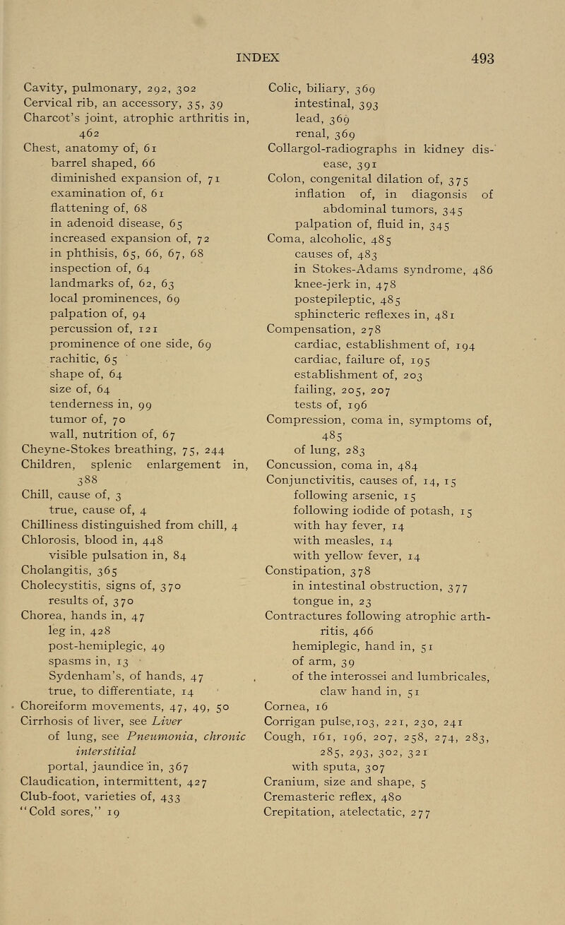 Cavity, pulmonary, 292, 302 Cervical rib, an accessory, 35, 39 Charcot's joint, atrophic arthritis in, 462 Chest, anatomy of, 61 barrel shaped, 66 diminished expansion of, 71 examination of, 61 flattening of, 68 in adenoid disease, 65 increased expansion of, 72 in phthisis, 65, 66, 67, 68 inspection of, 64 landmarks of, 62, 63 local prominences, 69 palpation of, 94 percussion of, 121 prominence of one side, 69 rachitic, 65 shape of, 64 size of, 64 tenderness in, 99 tumor of, 70 wall, nutrition of, 67 Cheyne-Stokes breathing, 75, 244 Children, splenic enlargement in, 388 Chill, cause of, 3 true, cause of, 4 Chilliness distinguished from chill, 4 Chlorosis, blood in, 448 visible pulsation in, 84 Cholangitis, 365 Cholecystitis, signs of, 370 results of, 370 Chorea, hands in, 47 leg in, 428 post-hemiplegic, 49 spasms in, 13 Sydenham's, of hands, 47 true, to differentiate, 14 Choreiform movements, 47, 49, 50 Cirrhosis of liver, see Liver of lung, see Pneumonia, chronic interstitial portal, jaundice in, 367 Claudication, intermittent, 427 Club-foot, varieties of, 433  Cold sores, 19 Colic, biliary, 369 intestinal, 393 lead, 369 renal, 369 Collargol-radiographs in kidney dis- ease, 391 Colon, congenital dilation of, 375 inflation of, in diagonsis of abdominal tumors, 345 palpation of, fluid in, 345 Coma, alcoholic, 485 causes of, 483 in Stokes-Adams syndrome, 486 knee-jerk in, 478 postepileptic, 485 sphincteric reflexes in, 481 Compensation, 278 cardiac, establishment of, 194 cardiac, failure of, 195 establishment of, 203 failing, 205, 207 tests of, 196 Compression, coma in, symptoms of, 485 of lung, 283 Concussion, coma in, 484 Conjunctivitis, causes of, 14, 15 following arsenic, 15 following iodide of potash, 15 with hay fever, 14 with measles, 14 with yellow fever, 14 Constipation, 378 in intestinal obstruction, 377 tongue in, 23 Contractures following atrophic arth- ritis, 466 hemiplegic, hand in, 51 of arm, 39 of the interossei and lumbricales, claw hand in, 51 Cornea, 16 Corrigan pulse,103, 221, 230, 241 Cough, 161, 196, 207, 258, 274, 283, 285> 293. 3°2. 321 with sputa, 307 Cranium, size and shape, 5 Cremasteric reflex, 480 Crepitation, atelectatic, 277
