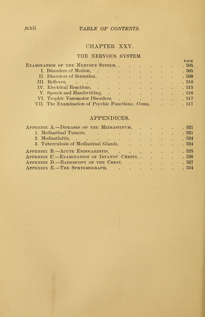 CHAPTER XXV. THE NERVOUS SYSTEM. Examination of the Nervous System, I. Disorders of Motion, II. Disorders of Sensation, III. Reflexes, IV. Electrical Reactions, V. Speech and Handwriting, VI. Trophic Vasomotor Disorders VII. The Examination of Psychic Functions; Coma, PAGE . 505 . 505 . 509 . 510 . 515 . 516 . 517 . 517 APPENDICES. Appendix A.—Diseases of the Mediastinum, 521 1. Mediastinal Tumors, 521 2. Mediastinitis, 524 3. Tuberculosis of Mediastinal Glands, 524 Appendix B.—Acute Endocarditis, . 525 Appendix C.—Examination of Infants' Chests, . . . . 526 Appendix D.—Radioscopy of the Chest, 527 Appendix E.—The Sphygmograph, 534