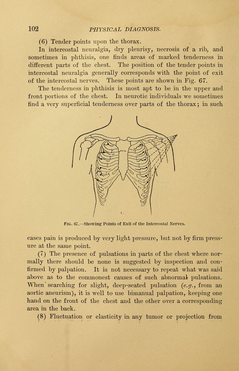 (6) Tender points upon the thorax. In intercostal neuralgia, dry pleurisy, necrosis of a rib, and sometimes in phthisis, one finds areas of marked tenderness in different parts of the chest. The position of the tender points in intercostal neuralgia generally corresponds with the point of exit of the intercostal nerves. These points are shown in Fig. 67. The tenderness in phthisis is most apt to be in the upper and front portions of the chest. In neurotic individuals we sometimes find a very superficial tenderness over parts of the thorax; in such Fig. 67.—Showing Points of Exit of the Intercostal Nerves. cases pain is produced by very light pressure, but not by firm press- ure at the same point. (7) The presence of pulsations in parts of the chest where nor- mally there should be none is suggested by inspection and con- firmed by palpation. It is not necessary to repeat what was said above as to the commonest causes of such abnormal pulsations. When' searching for slight, deep-seated pulsation (e.g., from an aortic aneurism), it is well to use bimanual palpation,-keeping one hand on the front of the chest and the other over a corresponding area in the back. (8) Fluctuation or elasticity in any tumor or projection from