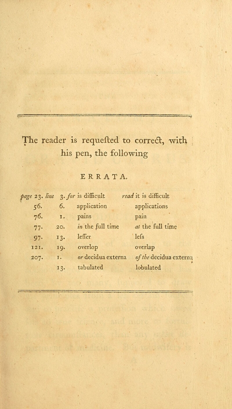 The reader is requefted to corredl, with \ his pen, the following ERRATA. ^age 23. line 3- for is dlfficiilt read it is difficult 56. 6. application applications 76. 1. pains pain 77- 20. in the full time at the full time 97- 13- leffer lefs 121. 19. overlop overlap 207. I. or decidua externa of the decidua externa 13- tabulated lobulated
