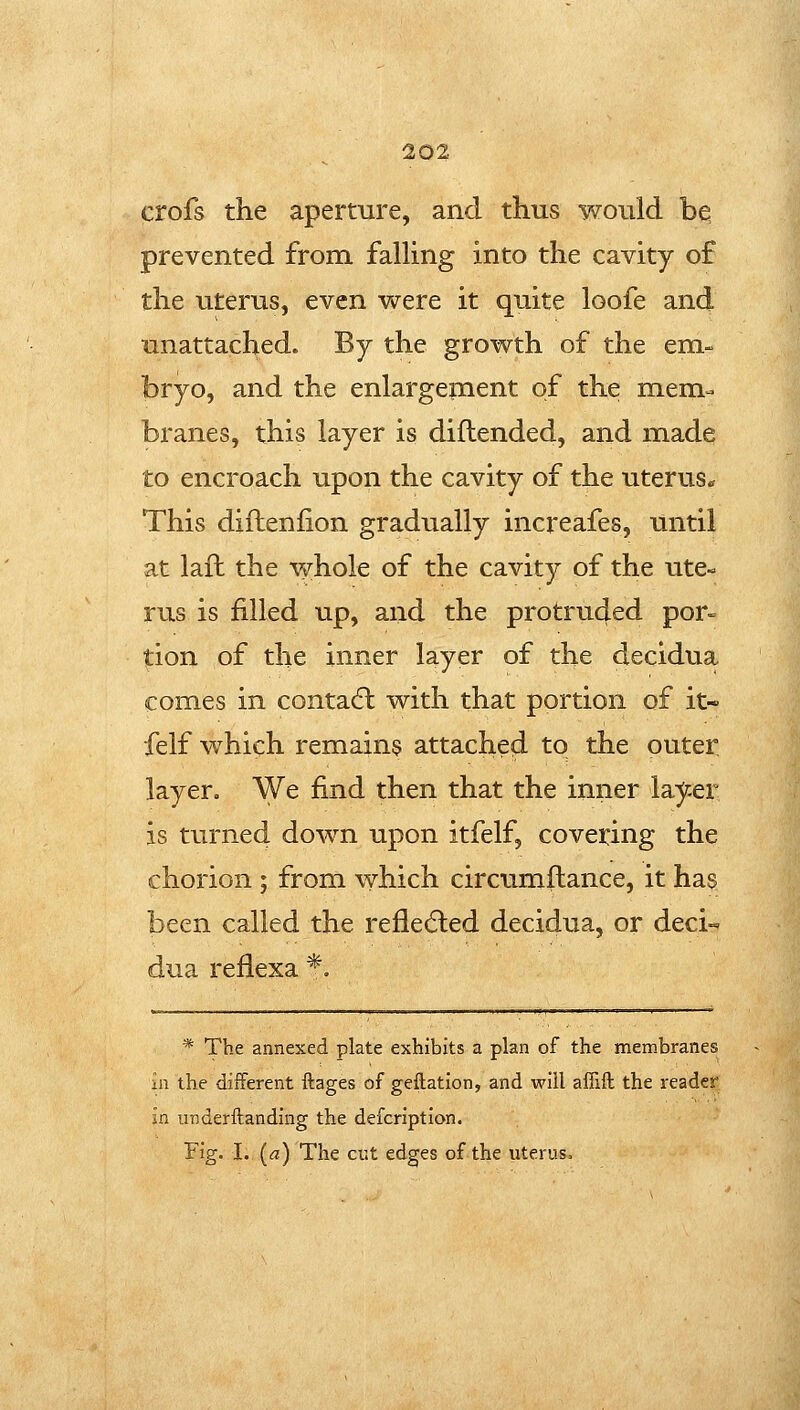 crofs the aperture, and thus would bq prevented from faUing into the cavity of the uterus, even were it quite loofe and unattached. By the growth of the em- bryo, and the enlargement of the mem- branes, this layer is diftended, and made to encroach upon the cavity of the uterus^ This difteniion gradually increafes, until at lafl the whole of the cavity of the ute- rus is filled up, and the protru4ed por= tion of the inner layer of the decidua comes in contadl with that portion of it- felf which remains attached to the outer layer. We find then that the inner layer is turned down upon itfelf, covering the chorion; from which circumftance, it has been called the refledled decidua, or deci- dua reflexa *. * The annexed plate exhibits a plan of the membranes in the different ftages of geftatlon, and will affift the reader in iinderftanding the defcription. Fig. I. (a) The cut edges of the uterus.