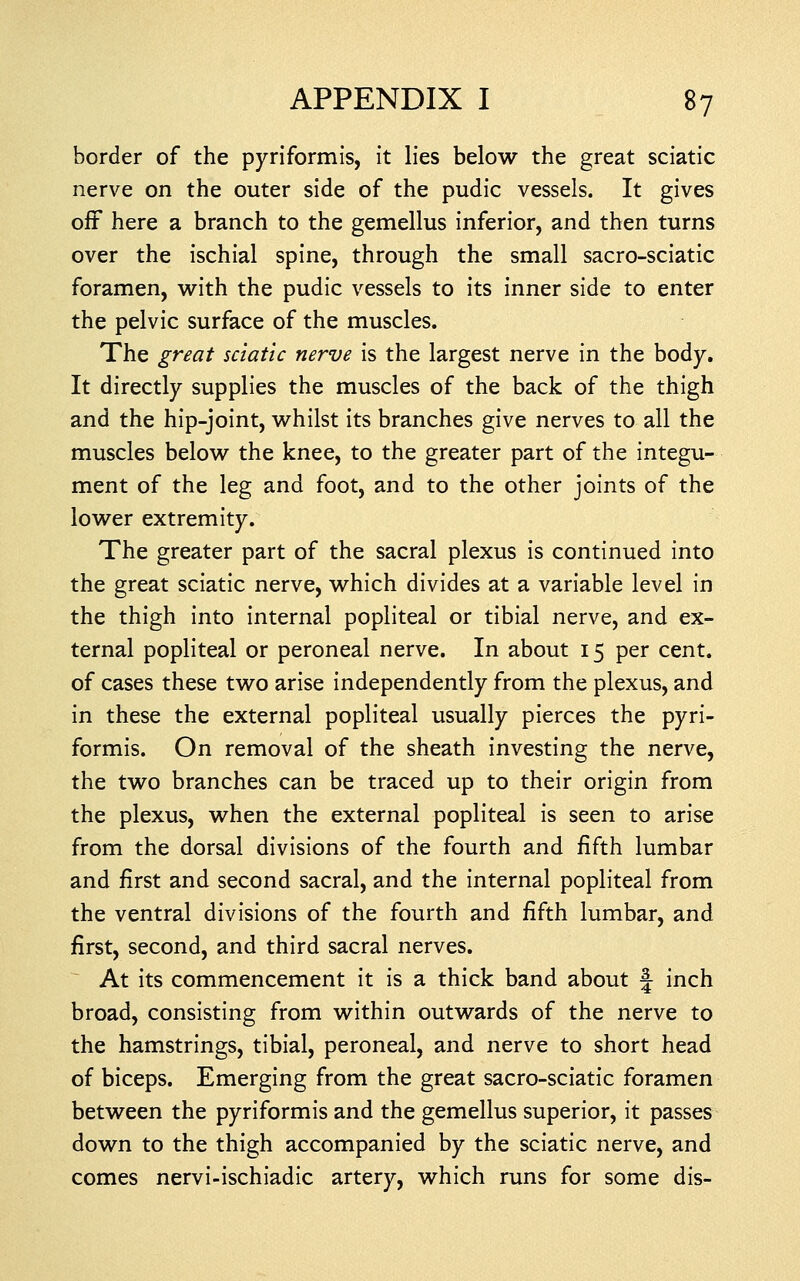 border of the pyriformis, it lies below the great sciatic nerve on the outer side of the pudic vessels. It gives off here a branch to the gemellus inferior, and then turns over the ischial spine, through the small sacro-sciatic foramen, virith the pudic vessels to its inner side to enter the pelvic surface of the muscles. The great sciatic nerve is the largest nerve in the body. It directly supplies the muscles of the back of the thigh and the hip-joint, w^hilst its branches give nerves to all the muscles below the knee, to the greater part of the integu- ment of the leg and foot, and to the other joints of the lower extremity. The greater part of the sacral plexus is continued into the great sciatic nerve, which divides at a variable level in the thigh into internal popliteal or tibial nerve, and ex- ternal popliteal or peroneal nerve. In about 15 per cent, of cases these two arise independently from the plexus, and in these the external popliteal usually pierces the pyri- formis. On removal of the sheath investing the nerve, the two branches can be traced up to their origin from the plexus, when the external popliteal is seen to arise from the dorsal divisions of the fourth and fifth lumbar and first and second sacral, and the internal popliteal from the ventral divisions of the fourth and fifth lumbar, and first, second, and third sacral nerves. At its commencement it is a thick band about J inch broad, consisting from within outwards of the nerve to the hamstrings, tibial, peroneal, and nerve to short head of biceps. Emerging from the great sacro-sciatic foramen between the pyriformis and the gemellus superior, it passes down to the thigh accompanied by the sciatic nerve, and comes nervi-ischiadic artery, which runs for some dis-