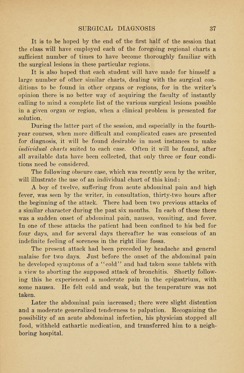 It is to be hoped by the end of the first half of the session that the class will have employed each of the foregoing regional charts a sufficient number of times to have become thoroughly familiar with the surgical lesions in these particular regions. It is also hoped that each student will have made for himself a large number of other similar charts, dealing with the surgical con- ditions to be found in other organs or regions, for in the writer's opinion there is no better way of acquiring the faculty of instantly calling to mind a complete list of the various surgical lesions possible in a given organ or region, when a clinical problem is presented for solution. During the latter part of the session, and especially in the fourth- year courses, when more difficult and complicated cases are presented for diagnosis, it will be found desirable in most instances to make individual charts suited to each case. Often it will be found, after all available data have been collected, that only three or four condi- tions need be considered. The following obscure case, which was recently seen by the writer, will illustrate the use of an individual chart of this kind: A boy of twelve, suffering from acute abdominal pain and high fever, was seen by the writer, in consultation, thirty-two hours after the beginning of the attack. There had been two previous attacks of a similar character during the past six months. In each of these there was a sudden onset of abdominal pain, nausea, vomiting, and fever. In one of these attacks the patient had been confined to his bed for four days, and for several days thereafter he was conscious of an indefinite feeling of soreness in the right iliac fossa. The present attack had been preceded by headache and general malaise for two days. Just before the onset of the abdominal pain he developed symptoms of a cold and had taken some tablets with a view to aborting the supposed attack of bronchitis. Shortly follow- ing this he experienced a moderate pain in the epigastrium, with some nausea. He felt cold and weak, but the temperature was not taken. Later the abdominal pain increased; there were slight distention and a moderate generalized tenderness to palpation. Recognizing the possibility of an acute abdominal infection, his physician stopped all food, withheld cathartic medication, and transferred him to a neigh- boring hospital.