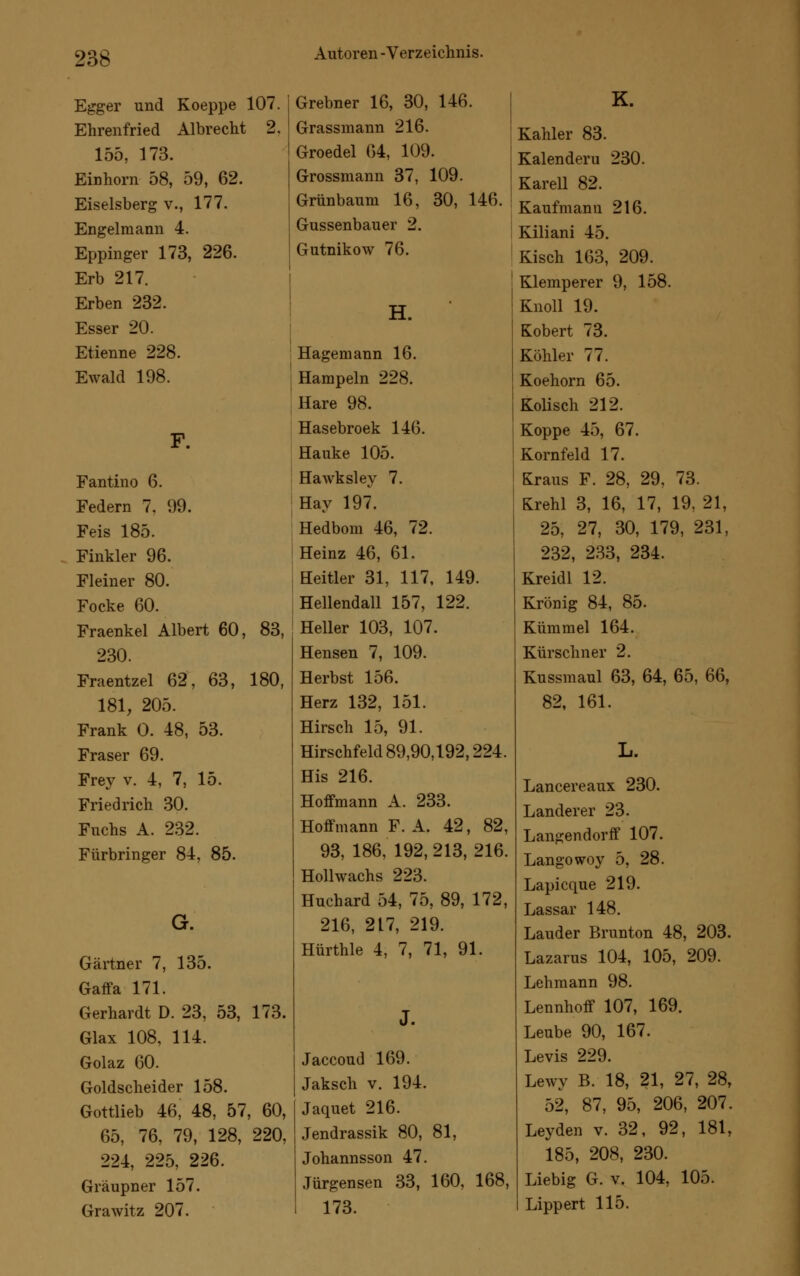 Egger und Koeppe 107. Ehrenfried Albrecht 2. 155, 173. Einhorn 58, 59, 62. Eiseisberg v., 177. Engelmann 4. Eppinger 173, 226. Erb 217. Erben 232. Esser 20. Etienne 228. Ewald 198. F. Fantino 6. Federn 7, 99. Feis 185. Finkler 96. Fleiner 80. Focke 60. Fraenkel Albert 60, 83, 230. Fraentzel 62, 63, 180, 181, 205. Frank 0. 48, 53. Fräser 69. Frey v. 4, 7, 15. Friedrich 30. Fuchs A. 232. Fürbringer 84, 85. G. Gärtner 7, 135. Gaffa 171. Gerhardt D. 23, 53, 173. Glax 108, 114. Golaz 60. Goldscheider 158. Gottlieb 46, 48, 57, 60, 65, 76, 79, 128, 220, 224, 225, 226. Gräupner 157. Grawitz 207. Grebner 16, 30, 146. Grassmann 216. Groedel 64, 109. Grossmann 37, 109. Grünbaum 16, 30, 146. Gussenbauer 2. GutnikoAv 76. H. ! Hagemann 16. I Hampeln 228. Hare 98. Hasebroek 146. Hauke 105. HaAvksley 7. Hay 197. Hedbom 46, 72. Heinz 46, 61. Heitier 31, 117, 149. Hellendall 157, 122. Heller 103, 107. Hensen 7, 109. Herbst 156. Herz 132, 151. Hirsch 15, 91. Hirschfeld 89,90,192,224. His 216. Hoffmann A. 233. Hoffmann F. A. 42, 82, 93, 186, 192, 213, 216. Hollwachs 223. Huchard 54, 75, 89, 172, 216, 217, 219. Hürthle 4, 7, 71, 91. J. Jaccoud 169. Jaksch v. 194. Jaquet 216. Jendrassik 80, 81, Johannsson 47. Jürgen sen 33, 160, 168, 173. K. Kahler 83. Kalenderu 230. Karell 82. Kaufmann 216. Kiliani 45. Kisch 163, 209. Klemperer 9, 158. Knoll 19. Kobert 73. Köhler 77. Koehorn 65. Kolisch 212. Koppe 45, 67. Kornfeld 17. Kraus F. 28, 29, 73. Krehl 3, 16, 17, 19, 21, 25, 27, 30, 179, 231, 232, 233, 234. Kreidl 12. Krönig 84, 85. Kümmel 164. Kürschner 2. Kussmaul 63, 64, 65, 66, 82, 161. Lancereaux 230. Landerer 23. Langendorff 107. Langowoy 5, 28. Lapicque 219. Lassar 148. Lauder Brunton 48, 203. Lazarus 104, 105, 209. Lehmann 98. Lennhoff 107, 169. Leube 90, 167. Levis 229. Lewy B. 18, 21, 27, 28, 52, 87, 95, 206, 207. Leyden v. 32, 92, 181, 185, 208, 230. Liebig G. v. 104, 105. Lippert 115.