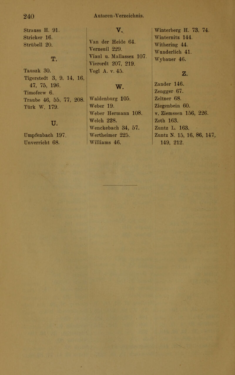 Strangs H. 91. Stricker 16. Strübell 20. Tauszk 30. Tigerstedt 3, 9. 14, 16, 47, 75, 196. Timofeew 6. Traube 46, 55, 77, 208. Türk W. 179. u. Umpfenbach 197. Unverricht 68. v. Van der Heide 64. Verneuil 229. Viani u. Mallassez 107. Vierordt 207, 219. Vogl A. v. 45. W. Waidenburg 105. Weber 19. Weber Hennann 108. Welch 228. Wenckebach 34, 57. Wertheimer 225. Williams 46. Winterberg H. 73, 74. Winternitz 144. Withering 44. Wunderlich 41. Wybauer 46. z. Zander 146. Zengger 67. Zeltner 68. Ziegenbein 60. v. Ziemssen 156, 226. Zoth 163. Zuntz L. 163. Zuntz N. 15, 16, 86, 147, 149, 212.