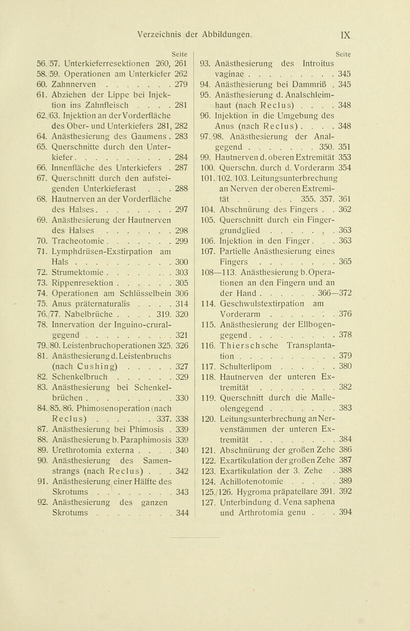 Seite 56. 57. Unterkieferresektionen 260, 261 58. 59. Operationen am Unterkiefer 262 60. Zahnnerven 279 61. Abziehen der Lippe bei Injek- tion ins Zahnfleisch .... 281 62./63. Injektion an der Vorderfläche des Ober- und Unterkiefers 281, 282 64. Anästhesierung des Gaumens . 283 65. Querschnitte durch den Unter- kiefer 284 66. Innenfläche des Unterkiefers . 287 67. Querschnitt durch den aufstei- genden Unterkieferast . . . 288 68. Hautnerven an der Vorderfläche des Halses 297 69. Anästhesierung der Hautnerven des Halses 298 70. Tracheotomie 299 71. Lymphdrüsen-Exstirpation am Hals 300 72. Strumektomie 303 73. Rippenresektion 305 74. Operationen am Schlüsselbein 306 75. Anus präternaturalis .... 314 76.,77. Nabelbrüche .... 319. 320 78. Innervation der Inguino-crural- gegend 321 79. 80. Leistenbruchoperationen 325. 326 81. Anästhesierungd. Leistenbruchs (nach Cushing) 327 82. Schenkelbruch 329 83. Anästhesierung bei Schenkel- brüchen 330 84. 85. 86. Phimosenoperation (nach Reclus) 337.338 87. Anästhesierung bei Phimosis . 339 88. Anästhesierung b.Paraphimosis 339 89. Urethrotomia externa .... 340 90. Anästhesierung des Samen- strangs (nach Reclus) . . . 342 91. Anästhesierung einer Hälfte des Skrotums 343 92. Anästhesierung des ganzen Skrotums 344 Seite 93. Anästhesierung des Introitus vaginae 345 94. Anästhesierung bei Dammriß . 345 95. Anästhesierung d. Analschleim- haut (nach Reclus) . . . .348 96. Injektion in die Umgebung des Anus (nach Reclus) .... 348 97./98. Anästhesierung der Anal- gegend 350. 351 99. Hautnervend, oberen Extremität 353 100. Querschn. durch d. Vorderarm 354 101.,102., 103. Leitungsunterbrechung an Nerven der oberen Extremi- tät 355. 357. 361 104. Abschnürung des Fingers . . 362 105. Querschnitt durch ein Finger- grundglied 363 106. Injektion in den Finger. . . 363 107. Partielle Anästhesierung eines Fingers 365 108—113. Anästhesierung b. Opera- tionen an den Fingern und an der Hand 366—372 114. Geschwulstextirpation am Vorderarm . 376 115. Anästhesierung der Ellbogen- gegend 378 116. Thierschsche Transplanta- tion 379 117. Schulterlipom . . . . ' . .380 118. Hautnerven der unteren Ex- tremität 382 119. Querschnitt durch die Malle- olengegend 383 120. Leitungsunterbrechung an Ner- venstämmen der unteren Ex- tremität 384 121. Abschnürung der großen Zehe 386 122. Exartikulation der großen Zehe 387 123. Exartikulation der 3. Zehe . 388 124. Achillotenotomie . . . . . 389 125.. 126. Hygromapräpatellare391. 392 127. Unterbindung d. Vena saphena und Arthrotomia genu . . . 394