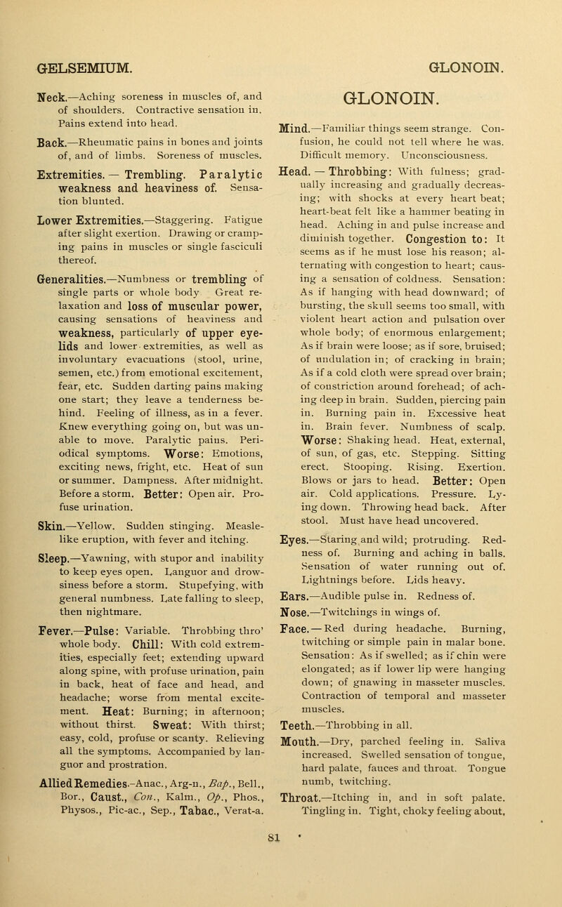 Neck.—Aching soreness in muscles of, and of shoulders. Contractive sensation in. Pains extend into head. Back.—-Rheumatic pains in bones and joints of, and of limbs. Soreness of muscles. Extremities.— Trembling. Paralytic weakness and heaviness of. Sensa- tion blunted. Lower Extremities.—Staggering. Fatigue after slight exertion. Drawing or cramp- ing pains in muscles or single fasciculi thereof. Generalities.—Numbness or trembling of single parts or whole body Great re- laxation and loss of muscular power, causing sensations of heaviness and weakness, particularly of upper eye- lids and lower-extremities, as well as involuntary evacuations (stool, urine, semen, etc.) from emotional excitement, fear, etc. Sudden darting pains making one start; they leave a tenderness be- hind. Feeling of illness, as in a fever. Knew everything going on, but was un- able to move. Paralytic pains. Peri- odical symptoms. Worse: Emotions, exciting news, fright, etc. Heat of sun or summer. Dampness. After midnight. Before a storm. Better: Open air. Pro- fuse urination. Skin.—Yellow. Sudden stinging. Measle- like eruption, with fever and itching. Sleep.—Yawning, with stupor and inability to keep eyes open. Languor and drow- siness before a storm. Stupefying, with general numbness. Late falling to sleep, then nightmare. Fever.—Pulse: Variable. Throbbing thro' whole body. Chill: With cold extrem- ities, especially feet; extending upward along spine, with profuse urination, pain in back, heat of face and head, and headache; worse from mental excite- ment. Heat: Burning; in afternoon; without thirst. Sweat: With thirst; easy, cold, profuse or scanty. Relieving all the symptoms. Accompanied by lan- guor and prostration. Allied Remedies.-Anac, Arg-u., Bap., Bell,, Bor., Caust., Con., Kalm., Op., Phos., Physos., Pic-ac, Sep., Tabac, Verat-a. GLONOIN. Mind.—Familiar things seem strange. Con- fusion, he could not tell where he was. Difficult memory. Unconsciousness. Head. — Throbbing: with fulness; grad- ually increasing and gradually decreas- ing; with shocks at every heart beat; heart-beat felt like a hammer beating in head. Aching in and pulse increase and diminish together. Congestion to: It seems as if he must lose his reason; al- ternating with congestion to heart; caus- ing a sensation of coldness. Sensation: As if hanging with head downward; of bursting, the skull seems too small, with violent heart action and pulsation over whole body; of enormous enlargement; As if brain were loose; as if sore, bruised; of undulation in; of cracking in brain; As if a cold cloth were spread over brain; of constriction around forehead; of ach- ing deep in brain. Sudden, piercing pain in. Burning pain in. Excessive heat in. Brain fever. Numbness of scalp. Worse: Shaking head. Heat, external, of sun, of gas, etc. Stepping. Sitting erect. Stooping. Rising. Exertion. Blows or jars to head. Better: Open air. Cold applications. Pressure. Ly- ing down. Throwing head back. After stool. Must have head uncovered. Eyes.—Staring and wild; protruding. Red- ness of. Burning and aching in balls. vSensation of water running out of. Lightnings before. Lids heavy. Ears.^—Audible pulse in. Redness of. Nose.—Twitchings in wings of. Face. — Red during headache. Burning, twitching or simple pain in malar bone. Sensation: As if swelled; as if chin were elongated; as if lower lip were hanging down; of gnawing in ma,sseter muscles. Contraction of temporal and masseter muscles. Teeth.—Throbbing in all. Mouth.—Dry, parched feeling in. Saliva increased. Swelled sensation of tongue, hard palate, fauces and throat. Tongue numb, twitching. Throat,—itching in, and in soft palate. Tingling in. Tight, choky feeling about.