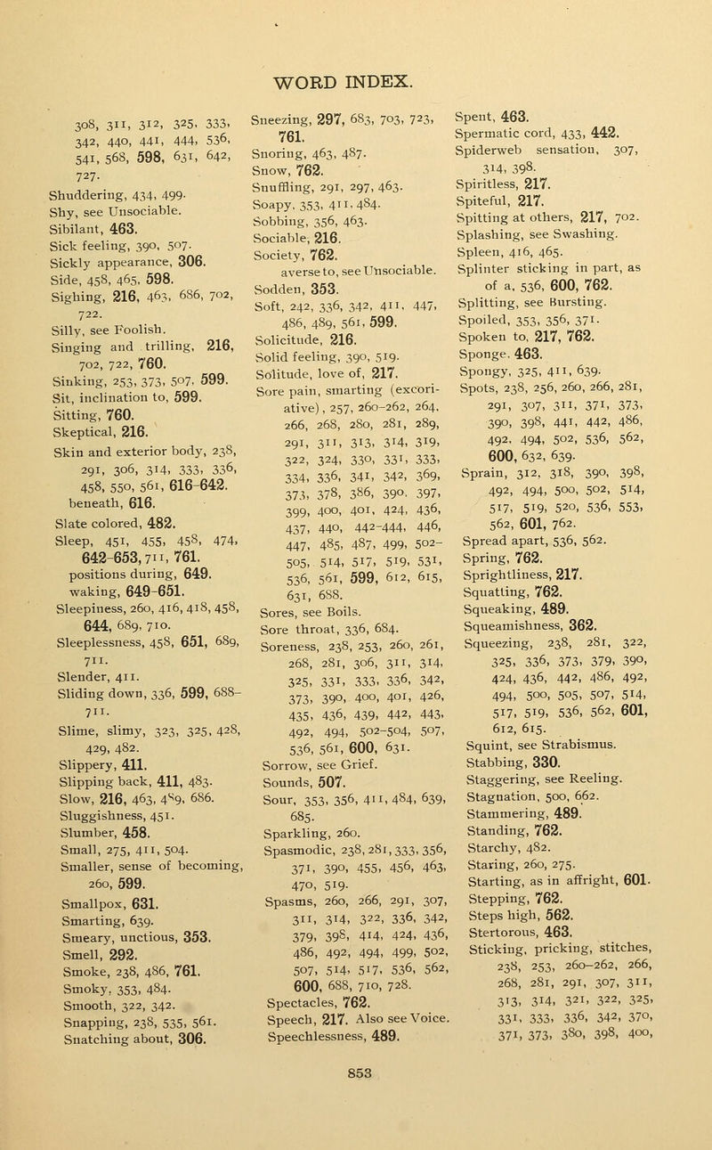 308, 311, 312, 325. 333. 342, 440, 441, 444. 536. 541, 568, 598, 631, 642, 727. Shuddering, 434, 499- Shy, see Unsociable. Sibilant, 463. Sick feeling, 390, 507. Sickly appearance, 306. Side, 458, 465. 598. Sighing, 216, 463. 686, 702, 722. Silly, see Foolish. Singing and trilling, 216, 702, 722, 760. Sinking, 253, 373, 507. 599. Sit, inclination to, 599. Sitting, 760. Skeptical, 216. Skin and exterior body, 238, 291, 306, 314, 333. 336, 458, 550, 561, 616-642. beneath, 616. Slate colored, 482. Sleep, 451, 455, 458, 474, 642-653,711,761. positions during, 649. waking, 649-651. Sleepiness, 260, 416, 418, 458, 644, 689, 710. Sleeplessness, 458, 651, 689, 711. Slender, 411. Sliding down, 336, 599, 688- 711. Slime, slimy, 323, 325, 428, 429, 482. Slippery, 411. Slipping back, 411, 483- Slow, 216, 463, 4'^9. 686. Sluggishness, 451. vSlumber, 458. Small, 275, 411, 504. Smaller, sense of becoming, 260, 599. Smallpox, 631. Smarting, 639. Smeary, unctions, 353. Smell, 292. Smoke, 238, 486, 761. Smoky, 353, 484- Smooth, 322, 342. Snapping, 238, 535, 561. Snatching about, 306. Sneezing, 297, 683, 703, 723, 761. Snoring, 463, 487. Snow, 762. Snuffling, 291, 297, 463. Soapy, 353, 411-484- Sobbing, 356, 463. Sociable, 216. Society, 762. averse to, see Unsociable. Sodden, 353. Soft, 242, 336, 342, 411, 447, 486, 489, 561, 599. Solicitude, 216. Solid feeling, 390, 519. Solitude, love of, 217. Sore pain, smarting (excori- ative), 257, 260-262, 264, 266, 268, 280, 281, 289, 291, 311, 313. 314, 319. 322, 324, 330, 331, 333. 334. 336, 341, 342, 369, 373, 378, 386, 390. 397, 399, 400, 401, 424. 436, 437, 440, 442-444, 446, 447. 485, 487, 499, 502- 505, 514, 517. 519. 531, 536, 561, 599, 612, 615, 631, 688. Sores, see Boils. Sore throat, 336, 684. Soreness, 238, 253, 260, 261, 268, 281, 306, 311, 314. 325, 331, 333, 336, 342, 373, 39°, 4°°, 4°-'^' 426, 435, 436, 439. 442, 443. 492, 494, 502-504, 507, 536, 561, 600, 631. Sorrow, see Grief. Sounds, 507. Sour, 353, 356, 41 J[, 484, 639, 685. Sparkling, 260. Spasmodic, 238,281,333,356, 371, 390, 455, 456, 463, 470, 519- Spasms, 260, 266, 291, 307, 311, 314, 322, 336, 342, 379, 398, 414, 424, 436, 486, 492, 494, 499, 502, 507, 514. 517. 536, 562, 600, 688, 710, 728. Spectacles, 762. Speech, 217. Also see Voice. Speechlessness, 489. Spent, 463. Spermatic cord, 433, 442. Spiderweb sensation, 307, 314. 398- Spiritless, 217. Spiteful, 217. Spitting at others, 217, 702. Splashing, see Swashing. Spleen, 416, 465. Splinter sticking in part, as of a. 536. 600, 762. Splitting, see Bursting. Spoiled, 353, 356, 371. Spoken to, 217, 762. Sponge, 463. Spongy, 325, 411, 639. Spots, 238, 256, 260, 266, 281, 291, 307, 311, 371, 373, 390, 398, 441, 442, 486, 492, 494, 502, 536, 562, 600, 632, 639. Sprain, 312, 318, 390, 398, 492, 494, 500, 502, 514, 517, 519, 520, 536, 553, 562, 601, 762. Spread apart, 536, 562. Spring, 762. Sprightliness, 217. Squatting, 762. Squeaking, 489. Squeamishness, 362. Squeezing, 238, 281, 322, 325, 336, 373, 379, 390, 424, 436, 442, 486, 492, 494, 500, 505, 507, 514, 517, 519, 536, 562, 601, 612, 615. Squint, see Strabismus. Stabbing, 330. Staggering, see Reeling. Stagnation, 500, 662. Stammering, 489. Standing, 762. Starchy, 482. Staring, 260, 275. Starting, as in affright, 601. Stepping, 762. Steps high, 562. Stertorous, 463. Sticking, pricking, stitches, 238, 253, 260-262, 266, 268, 281, 291, 307, 311, 3'3, 314, 321, 322, 325, 331. 333. 336, 342, 370, 371, 373, 380, 398, 400,