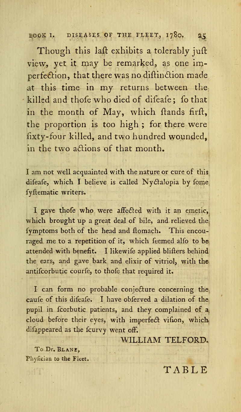 Though this laft exhibits a tolerably juft view, yet it may be remarked, as one im- perfection, that there was no diftinction made at this time in my returns between the killed and thofe who died of difeafe; fo that in the month of May, which ftands firft, the proportion is too high ; for there were fixty-four killed, and two hundred wounded, in the two actions of that month. I am not well acquainted with the nature or cure of this difeafe, which I believe is called Nyctalopia by fome fyftematic writers. I gave thofe who were affected with it an emetic, which brought up a great deal of bile, and relieved the fymptoms both of the head and flomach. This encou- raged me to a repetition of it, which feemed alfo to be attended with benefit. I likewife applied bliflers behind the ears, and gave bark and elixir of vitriol, with the antifcorbutic courfe, to thofe that required it. I can form no probable conjecture concerning the caufe of this difeafe. I have obferved a dilation of the pupil in fcorbutic patients, and they complained of a cloud before their eyes, with imperfect vifton, which difappeared as the fcurvy went off. WILLIAM TELFORD. To Dr. Blani, Phyfician to the Fleet. TABLE