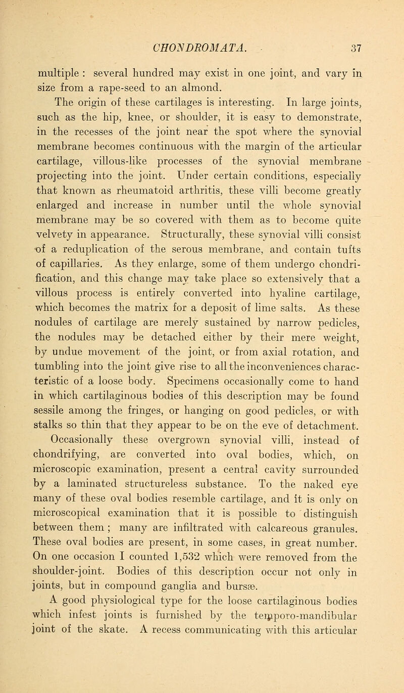 multiple : several hundred may exist in one joint, and vary in size from a rape-seed to an almond. The origin of these cartilages is interesting. In large joints, such as the hip, knee, or shoulder, it is easy to demonstrate, in the recesses of the joint near the spot where the synovial membrane becomes continuous with the margin of the articular cartilage, villous-like processes of the synovial membrane projecting into the joint. Under certain conditions, especially that known as rheumatoid arthritis, these villi become greatly enlarged and increase in number until the whole synovial membrane may be so covered with them as to become quite velvety in appearance. Structurally, these synovial villi consist •of a reduplication of the serous membrane, and contain tufts of capillaries. As they enlarge, some of them undergo chondri- fication, and this change may take place so extensively that a villous process is entirely converted into hyaline cartilage, which becomes the matrix for a deposit of lime salts. As these nodules of cartilage are merely sustained by narrow pedicles, the nodules may be detached either by their mere weight, by undue movement of the joint, or from axial rotation, and tumbling into the joint give rise to all the inconveniences charac- teristic of a loose body. Specimens occasionally come to hand in which cartilaginous bodies of this description may be found sessile among the fringes, or hanging on good pedicles, or with stalks so thin that they appear to be on the eve of detachment. Occasionally these overgrown synovial villi, instead of chondrifying, are converted into oval bodies, which, on microscopic examination, present a central cavity surrounded by a laminated structureless substance. To the naked eye many of these oval bodies resemble cartilage, and it is only on microscopical examination that it is possible to distinguish between them ; many are infiltrated with calcareous granules. These oval bodies are present, in some cases, in great number. On one occasion I counted 1,532 which were removed from the shoulder-joint. Bodies of this description occur not only in joints, but in compound ganglia and bursse. A good physiological type for the loose cartilaginous bodies which infest joints is furnished by the teijiporo-mandibular joint of the skate. A recess communicating with this articular