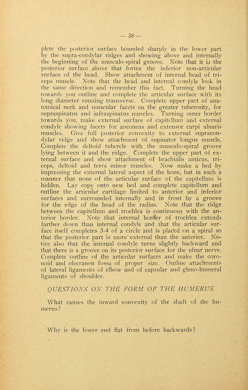 plete the posterior surface bounded sharpl}' in the lower part by the supra-condylar ridges and showing above and internally the beginning of the musculo-spiral groove. Note that it is the posterior surface above that forms the inferior non-articular surface of the head. Show attachment of internal head of tri- ceps muscle. Note that the head and internal condyle look in the same direction and remember this fact. Turning the head towards you outline and complete the articular surface with its long diameter running transverse. Complete upper part of ana- tomical neck and muscular facets on the greater tuberosity, for supraspinatus and infraspinatus muscles. Turning outer border towards you, make external surface of capitellum and external condyle showing facets for anconeus and extensor carpi ulnaris muscles. Give full posterior convexity to external supracon- dylar ridge and show attachment of supinator longus muscle. Complete the deltoid tubercle with the musculo-spiral groove lying between it and the ridge. Complete the upper part of ex- ternal surface and show attachment of brachialis anticus, tri- ceps, deltoid and teres minor muscles. Now make a bed by impressing the external lateral aspect of the bone, but in such a manner that none of the articular surface of the capitellum is hidden. Lay copy onto new bed and complete capitellum and outline the articular cartilage limited to anterior and inferior surfaces and surrounded internally and in front by a groove for the edge of the head of the radius. Note that the ridge between the capitellum and trochlea is continuous with the an- terior border. Note that internal border of trochlea extends farther down than internal condyle and that the articular sur- face itself completes 3-4 of a circle and is plac'ed on a spiral so that the posterior part is more' external than the anterior. No- tice also that the internal condyle turns slightly backward and that there is a groove on its posterior surface for the ulnar nerve. Complete outline of the articular surfaces and make the coro- noid and olecranon fossa of proper size. Outhne attachments of lateral ligaments of elbow and of capsular and gleno-humeral ligaments of shoulder. < QUESTIONS ON THE FORM OF THE HUMERUS. What causes the inward convexity of the shaft of the hu- merus? Why is the lower end flat from before backwards?