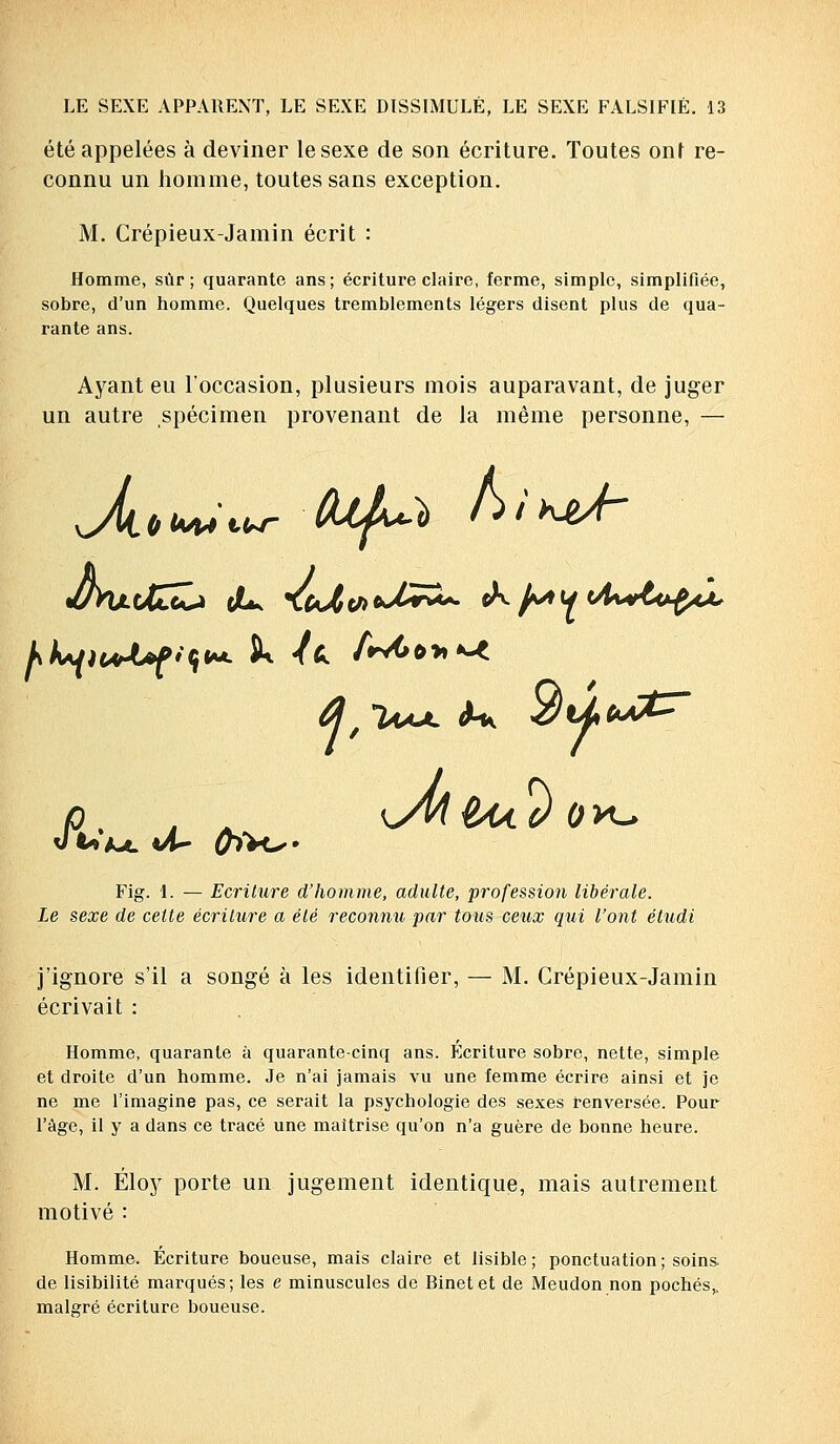 été appelées à deviner le sexe de son écriture. Toutes ont re- connu un homme, toutes sans exception. M. Crépieux-Jamin écrit : Homme, sûr; quarante ans; écriture claire, ferme, simple, simplifiée, sobre, d'un homme. Quelques tremblements légers disent plus de qua- rante ans. Ayant eu l'occasion, plusieurs mois auparavant, de juger un autre spécimen provenant de la même personne, — Fig. 1. — Ecriture d'homme, adulte, profession libérale. Le sexe de cette écriture a été reconnu par tous ceux qui l'ont étudi j'ignore s'il a songé à les identifier, — M. Crépieux-Jamin écrivait : Homme, quarante à quarante-cinq ans. Ecriture sobre, nette, simple et droite d'un homme. Je n'ai jamais vu une femme écrire ainsi et je ne me l'imagine pas, ce serait la psychologie des sexes renversée. Pour l'âge, il y a dans ce tracé une maîtrise qu'on n'a guère de bonne heure. M. Éloy porte un jugement identique, mais autrement motivé : Homme. Ecriture boueuse, mais claire et lisible; ponctuation ; soins, de lisibilité marqués; les e minuscules de Binetet de Meudon non pochés,, malgré écriture boueuse.