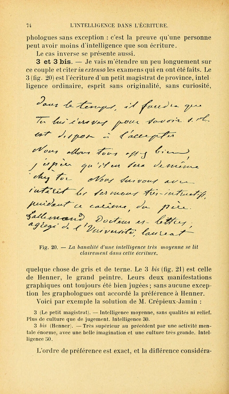 phologues sans exception : c'est la preuve qu'une personne peut avoir moins d'intelligence que son écriture. Le cas inverse se présente aussi. 3 et 3 bis. — Je vais m'étendre un peu longuement sur ce couple et citer in extenso les examens qui en ont été faits. Le 3 (fig. 20) est l'écriture d'un petit magistrat de province, intel- ligence ordinaire, esprit sans originalité, sans curiosité, o t^t ■&e~* -t/&*-<-^' Fig. 20. — La banalité d'une intelligence très moyenne se lit clairement dans cette écriture. quelque chose de gris et de terne. Le 3 bis (fig. 21) est celle de Henner, le grand peintre. Leurs deux manifestations graphiques ont toujours été bien jugées; sans aucune excep- tion les graphologues ont accordé la préférence à Henner. Voici par exemple la solution de M. Crépieux-Jamin : 3 (Le petit magistrat). — Intelligence moyenne, sans qualités ni relief. Plus de culture que de jugement. Intelligence 30. 3 bis (Henner). — Très supérieur au précédent par une activité men- tale énorme, avec une belle imagination et une culture très grande. Intel- ligence 50. L'ordre de préférence est exact, et la différence considéra-