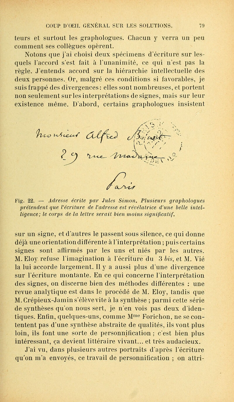 teurs et surtout les graphologues. Chacun y verra un peu comment ses collègues opèrent. Notons que j'ai choisi deux spécimens d'écriture sur les- quels l'accord s'est fait à l'unanimité, ce qui n'est pas la règle. J'entends accord sur la hiérarchie intellectuelle des deux personnes. Or, malgré ces conditions si favorables, je suis frappé des divergences : elles sout nombreuses, et portent non seulement sur les interprétations de signes, mais sur leur existence même. D'abord, certains graphologues insistent ri/oo ?_ v) w^_ /fr^>Vfi* ,:  H ^ r ■ Fig. 22. — Adresse écrite par Jules Simon. Plusieurs graphologues prétendent que l'écriture de Vadresse est révélatrice d'une belle intel- ligence; le corps de la lettre serait bien moins significatif. sur un signe, et d'autres le passent sous silence, ce qui donne déjà une orientation différente à l'interprétation ; puis certains signes sont affirmés par les uns et niés par les autres. M. Eloy refuse l'imagination à l'écriture du 3 bis, et M. Vie la lui accorde largement. Il y a aussi plus d'une divergence sur l'écriture montante. En ce qui concerne l'interprétation des signes, on discerne bien des méthodes différentes : une revue analytique est dans le procédé de M. Eloy, tandis que M. Grépieux-Jamin s'élève vite à la synthèse ; parmi cette série de synthèses qu'on nous sert, je n'en vois pas deux d'iden- tiques. Enfin, quelques-uns, comme Mme Forichon, ne se con- tentent pas d'une synthèse abstraite de qualités, ils vont plus loin, ils font une sorte de personnification ; cest bien plus intéressant, ça devient littéraire vivant... et très audacieux. J'ai vu, dans plusieurs autres portraits d'après l'écriture qu'on m'a envoyés, ce travail de personnification ; on attri-