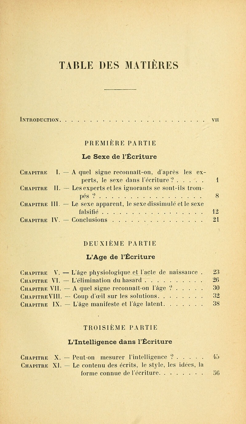 TABLE DES MATIERES Introduction vu PREMIÈRE PARTIE Le Sexe de l'Écriture Chapitre I. — A quel signe reconnait-on, d'après les ex- perts, le sexe dans l'écriture? ..... 1 Chapitre II. — Les experts et les ignorants se sont-ils trom- pes 9 Chapitre III. — Le sexe apparent, le sexe dissimulé et le sexe falsifié 12 Chapitre IV. — Conclusions 21 DEUXIÈME PARTIE L'Age de l'Écriture Chapitre V. — L'âge physiologique et l'acte de naissance . 23 Chapitre VI. — L'élimination du hasard 26 Chapitre VII. — A quel signe reconnait-on l'âge ? 30 ChapitreVIII. — Coup d'œil sur les solutions. 32 Chapitre IX. — L'âge manifeste et l'âge latent 38 TROISIÈME PARTIE L'Intelligence dans l'Écriture Chapitre X. — Peut-on mesurer l'intelligence ? 4ô Chapitre XI. — Le contenu des écrits, le style, les idées, la forme connue de l'écriture 56