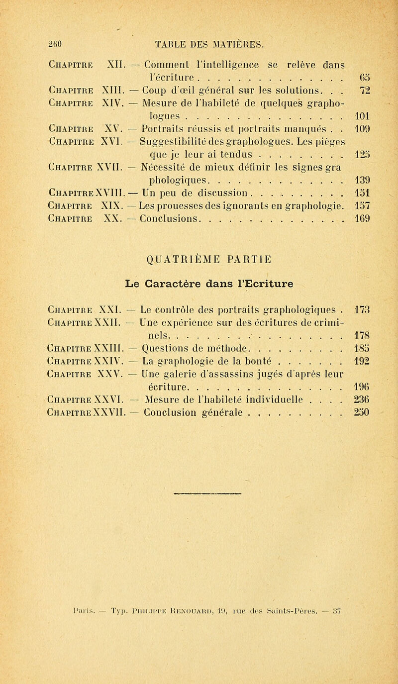 Chapitre XII. — Comment l'intelligence se relève dans l'écriture 60 Chapitre XIII. — Coup d'œil général sur les solutions. . . 72 Chapitre XIV. — Mesure de l'habileté de quelques grapho- logues 101 Chapitre XV. — Portraits réussis et portraits manques . . 109 Chapitre XVI. — Suggestibilité des graphologues. Les pièges que je leur ai tendus 125 Chapitre XVII. — Nécessité de mieux définir les signes gra phologiques 139 ChapitreXVIII.— Un peu de discussion 151 Chapitre XIX. — Les prouesses des ignorants en graphologie. 157 Chapitre XX. — Conclusions 169 QUATRIÈME PARTIE Le Caractère dans l'Ecriture Chapitre XXI. — Le contrôle des portraits graphologiques . 173 Chapitre XXII. — Une expérience sur des écritures de crimi- nels • 178 Chapitre XXIII. — Questions de méthode 185 Chapitre XXIV. — La graphologie de la bonté 192 Chapitre XXV. — Une galerie d'assassins jugés d'après leur écriture 196 Chapitre XXVI. — Mesure de l'habileté individuelle .... 236 ChapitreXXVII. — Conclusion générale 250 Typ. Pnii.ii'i'ic Renouakij, 19, rue des Saints-Pères.